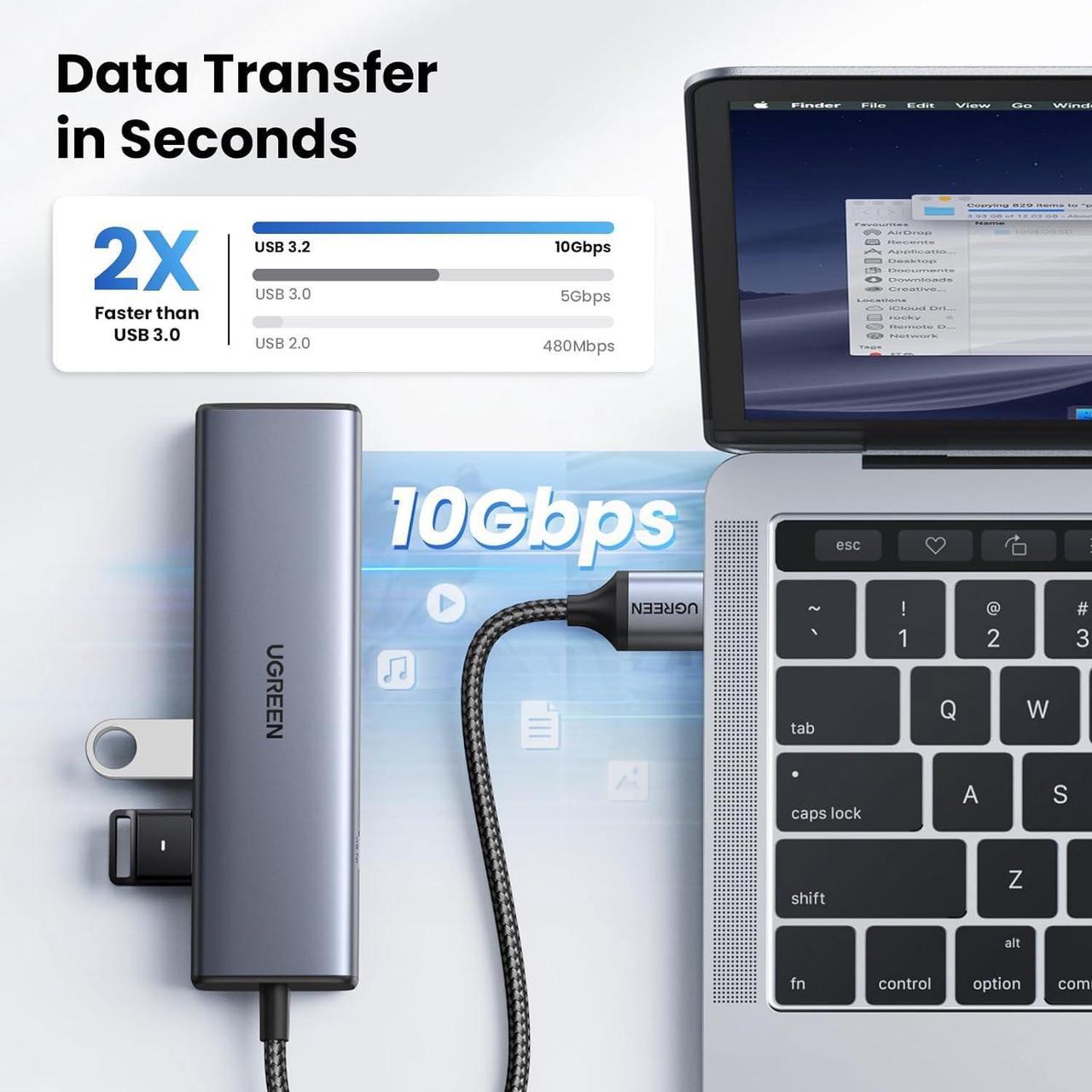 Alt view image 3 of 7 - UGREEN USB to Ethernet Adapter, 5 in 1 USB Hub with Ethernet with 2* USB-C 3.2 (10Gbps) + 1*USB-A 3.2/1*USB-A 2.0/Gigabit RJ45, USB to Network LAN Internet Dongle for Laptop, MacBook Pro/Air, XPS