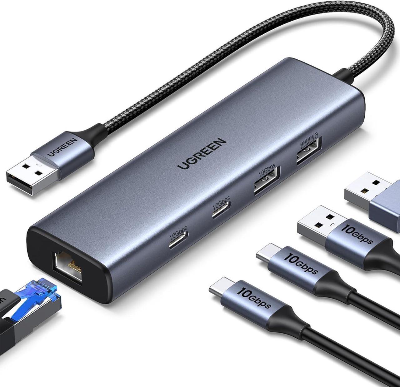 Main image of UGREEN USB to Ethernet Adapter, 5 in 1 USB Hub with Ethernet with 2* USB-C 3.2 (10Gbps) + 1*USB-A 3.2/1*USB-A 2.0/Gigabit RJ45, USB to Network LAN Internet Dongle for Laptop, MacBook Pro/Air, XPS