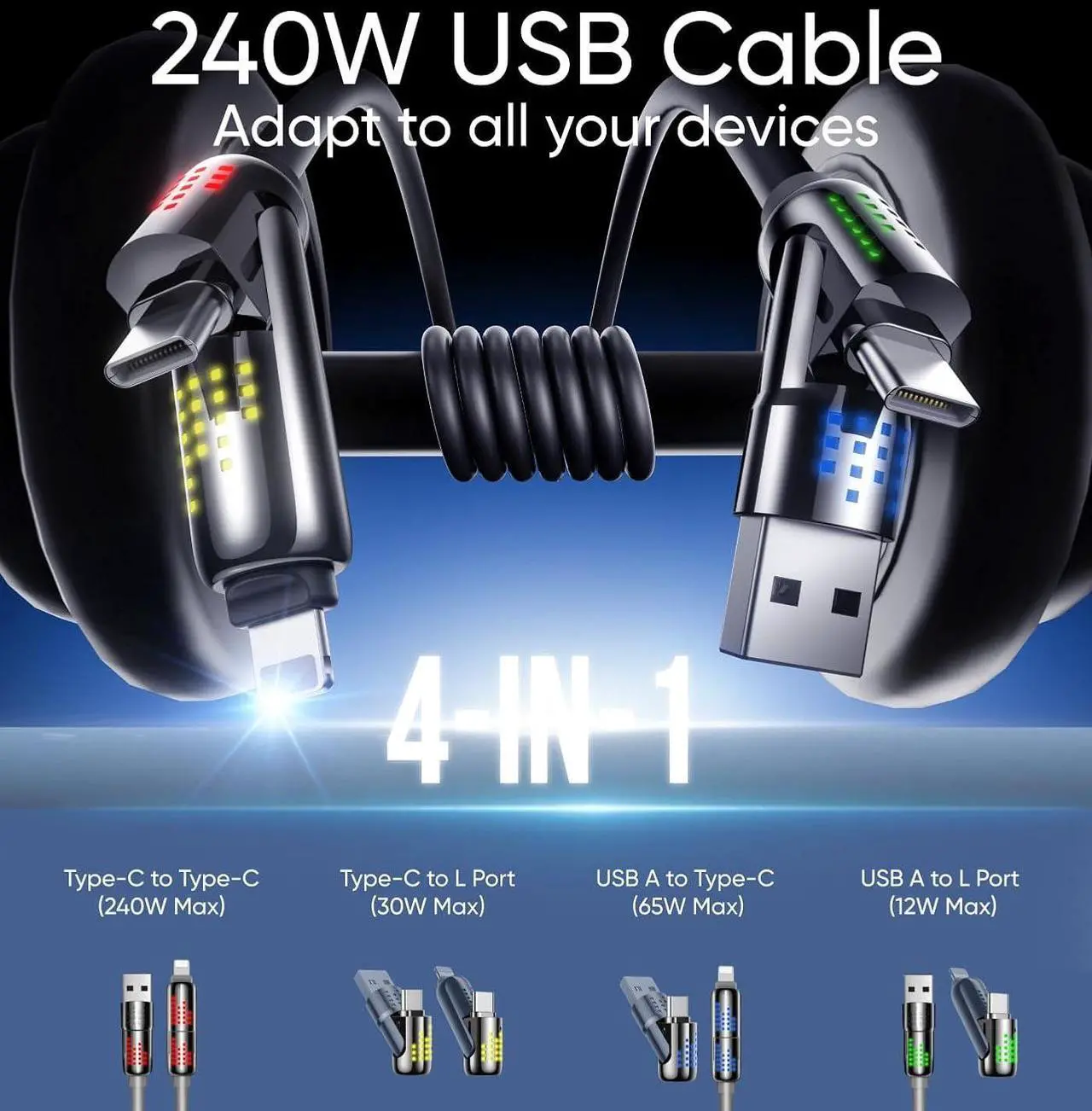 Alt view image 2 of 7 - 240W 4 in 1 USB C Cable USB Charging Cable with Breathing Light Fast Charging & Data Sync Silicone Multi Charging Cable for iPhone iPad  Laptop Multi Device Charging 4FT (Black)