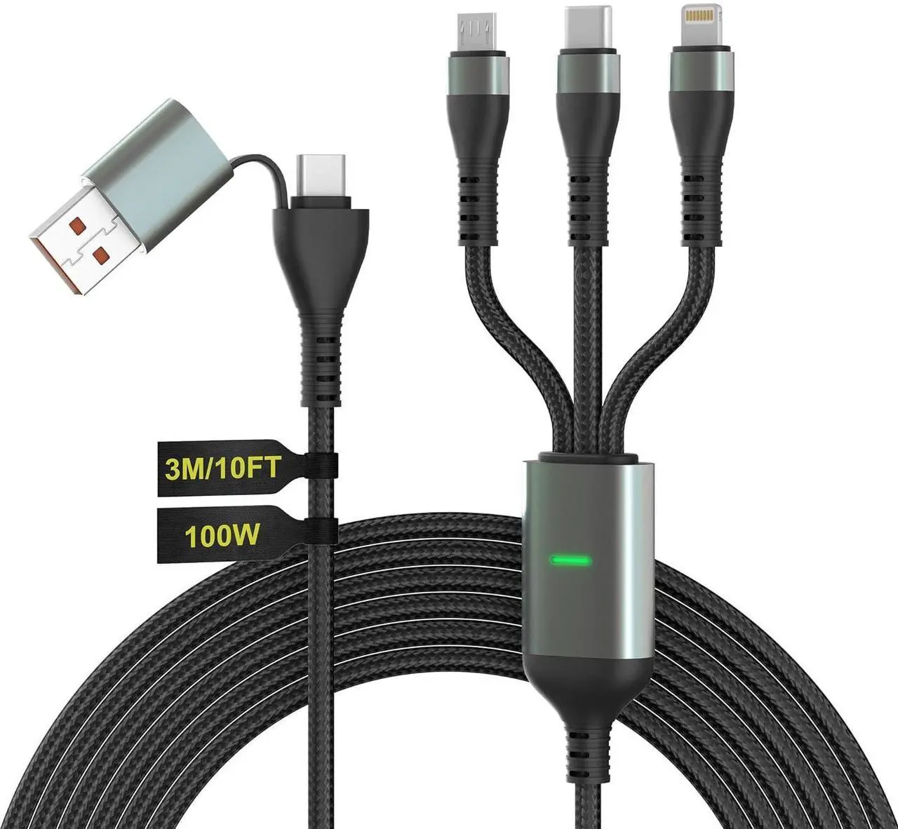 Alt view image 7 of 7 - 100W USB C Multi Charging Cable 10ft - USB C/A to 3 in 1 Charging Cable USB C[100W E-Mark Chip]+Lightning[27W  MFi Certified]+Micro[18W] Fast Charging Multi Cable for iPhone Pad MacBook Android