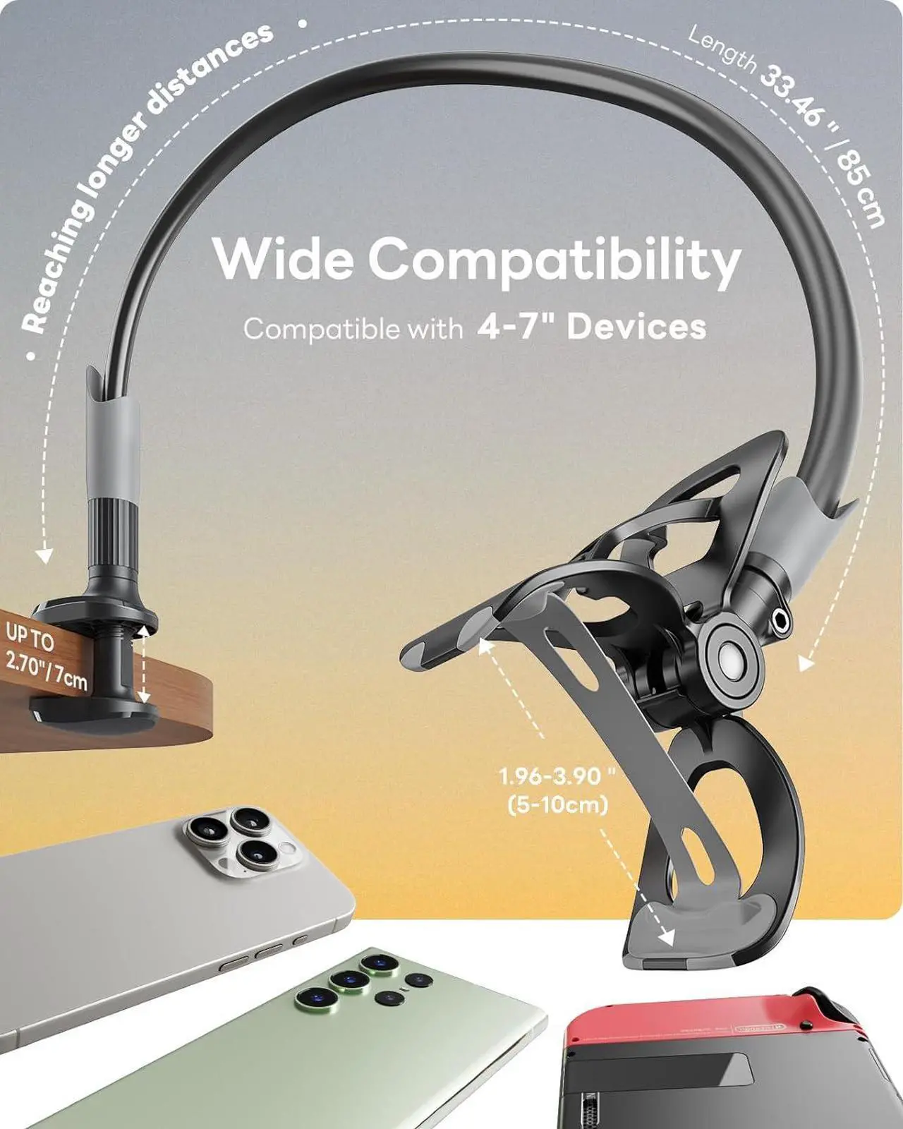 Alt view image 2 of 6 - Gooseneck Bed Phone Holder Flexible Long Arm Phone Mount for Desk Clip Bracket Clamp Stand iPhone Stand Mobile Cell Phone Stand Document Camera Nintendo Switch (Black)