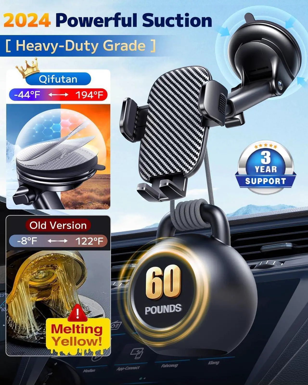 Alt view image 4 of 7 - Car Phone Holder Mount Phone Mount for Car Windshield Dashboard Air Vent Universal Hands Free Automobile Cell Phone Holder Fit for iPhone Smartphone Carbon Fiber