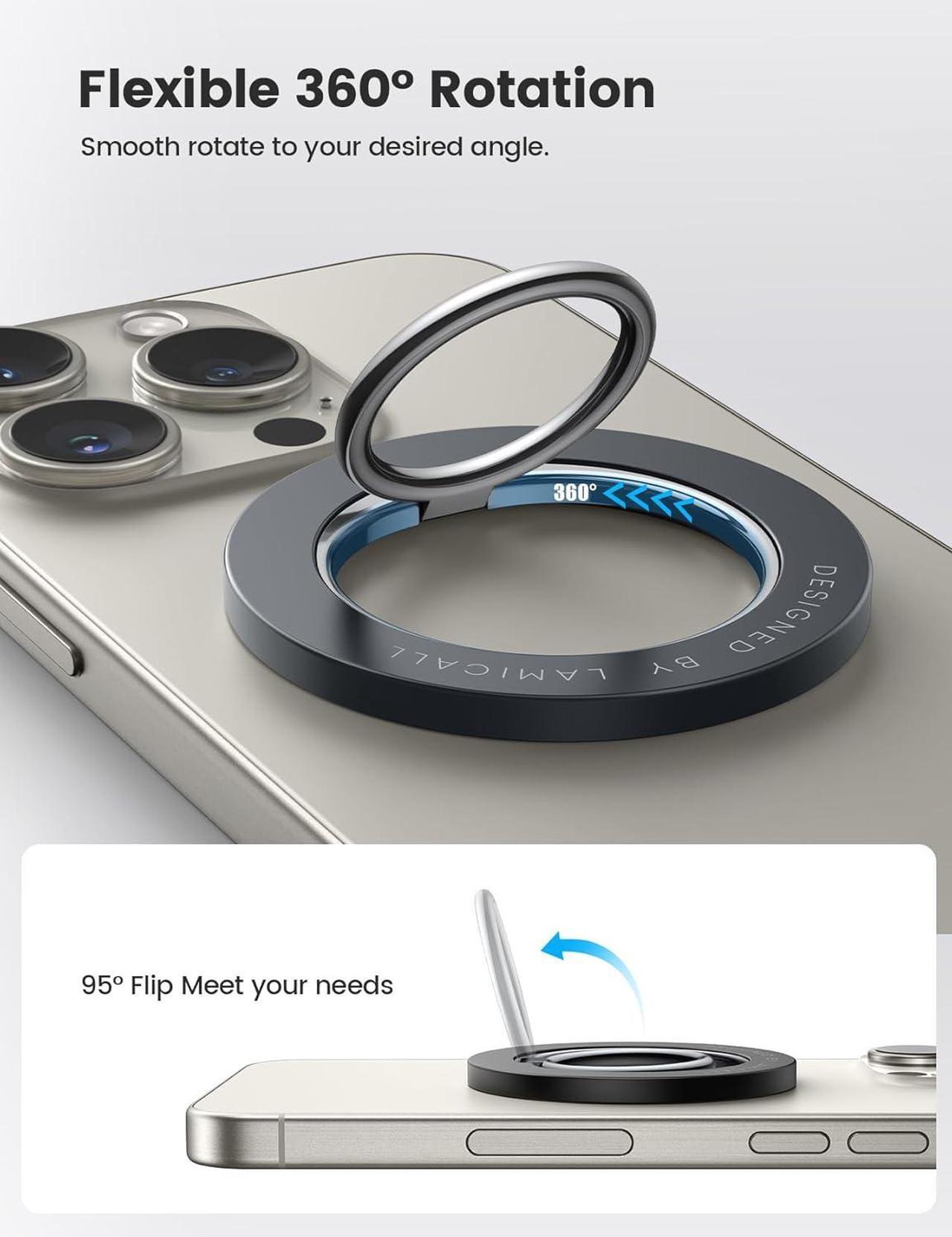 Alt view image 3 of 7 - Magnetic Phone Ring Holder for MagSafe [Flexible 360 Rotation] Magnet Finger Ring Grip Stand Holder Fit for iPhone 16 15 14 13 12 Pro Pro Max Plus Mag Safe Accessories Misty Black