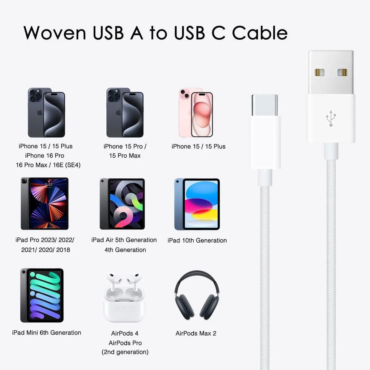 Alt view image 3 of 7 - iPhone 15/16 USB A to USB C Woven Cable for iPhone 16E(SE4) 15/16 Pro Max 15/6 Plus iPad 10th Gen iPad Pro 12.9/11 iPad Air 5th/4th Gen Mini 6th Type-c Charger Cord Car Play Charging Cable