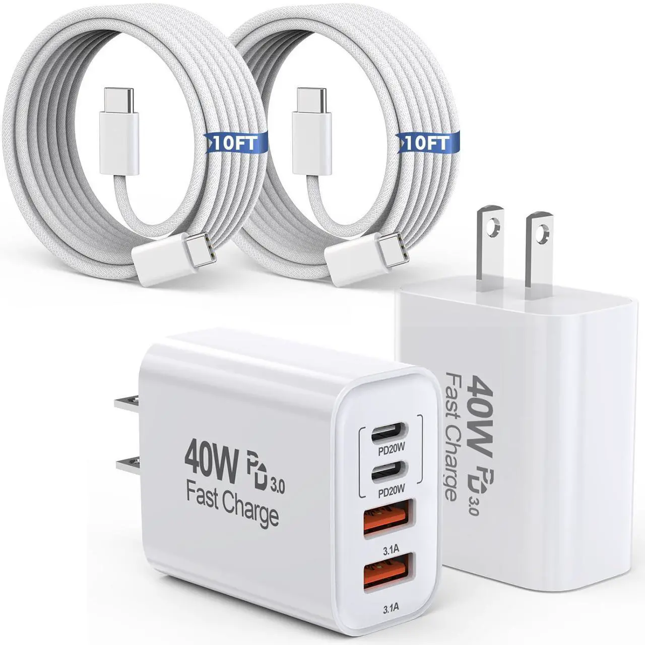 Main image of 10FT iPhone 16 15 Pro Charger 2Pack 10Foot USB C to C Woven Cable Cord 40W USB C  Charger 4 Port PD&AC Charger Block Fast Charging for iPhone 16/16 Pro/16 Pro Max/16 Plus/15/15 Pro/15Pro Max/iPad