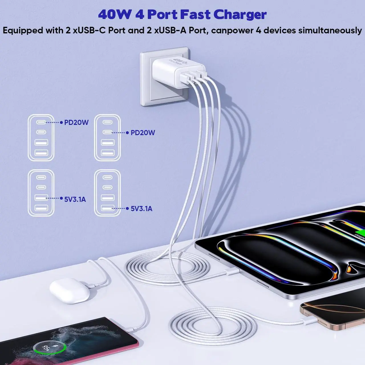 Alt view image 3 of 7 - 10FT iPhone 16 15 Pro Charger 2Pack 10Foot USB C to C Woven Cable Cord 40W USB C  Charger 4 Port PD&AC Charger Block Fast Charging for iPhone 16/16 Pro/16 Pro Max/16 Plus/15/15 Pro/15Pro Max/iPad