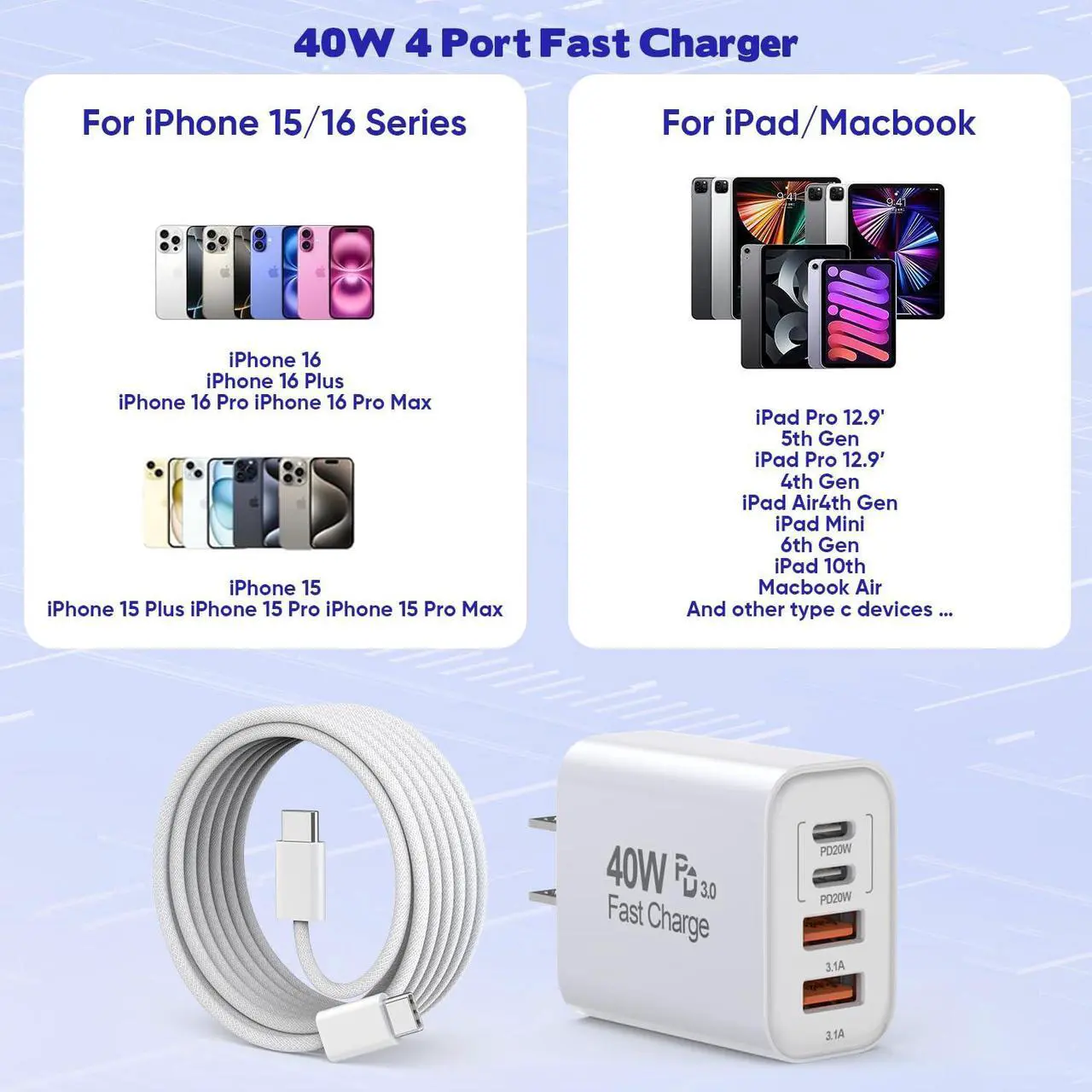 Alt view image 4 of 7 - 10FT iPhone 16 15 Pro Charger 2Pack 10Foot USB C to C Woven Cable Cord 40W USB C  Charger 4 Port PD&AC Charger Block Fast Charging for iPhone 16/16 Pro/16 Pro Max/16 Plus/15/15 Pro/15Pro Max/iPad