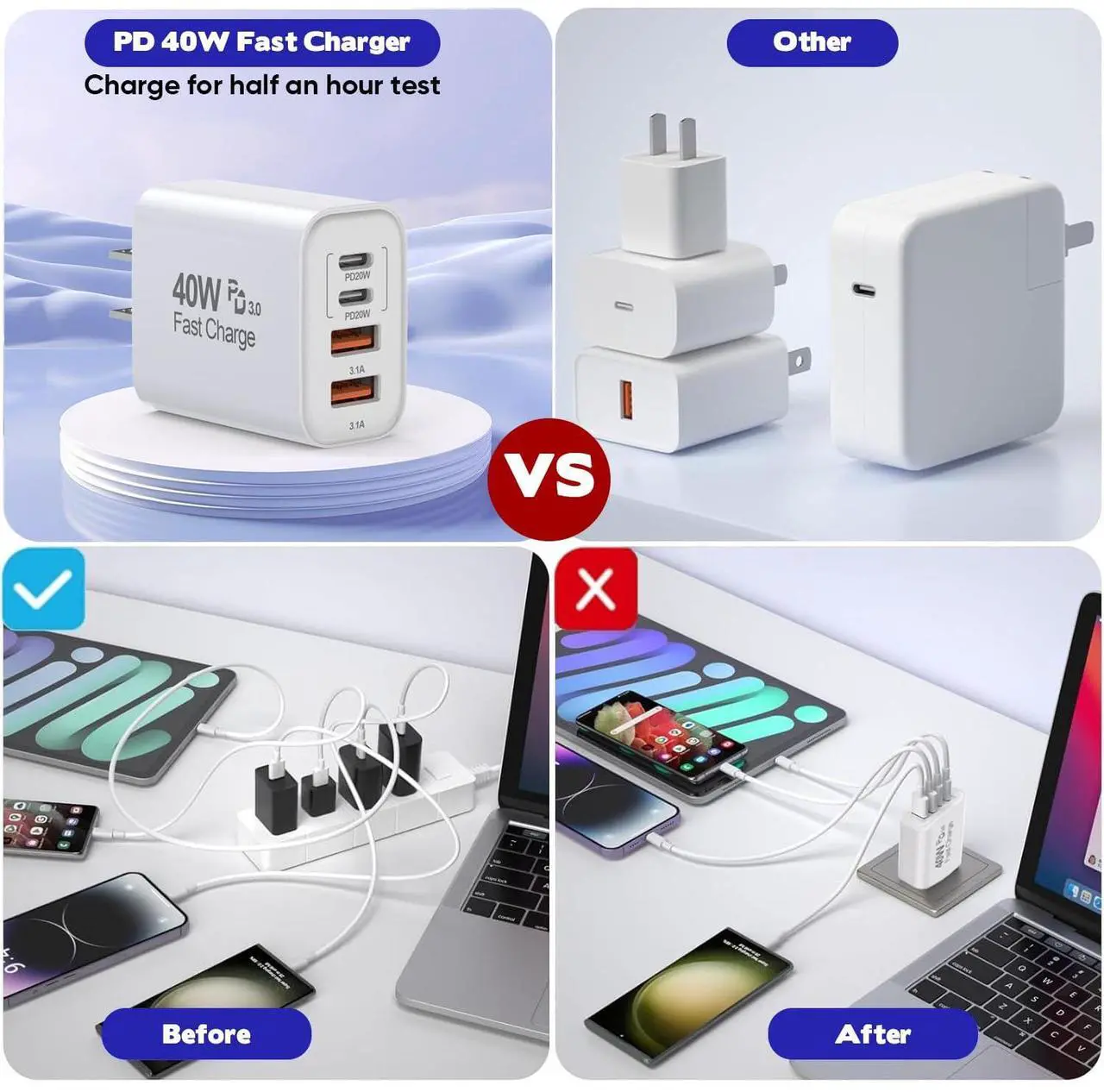 Alt view image 5 of 7 - 10FT iPhone 16 15 Pro Charger 2Pack 10Foot USB C to C Woven Cable Cord 40W USB C  Charger 4 Port PD&AC Charger Block Fast Charging for iPhone 16/16 Pro/16 Pro Max/16 Plus/15/15 Pro/15Pro Max/iPad