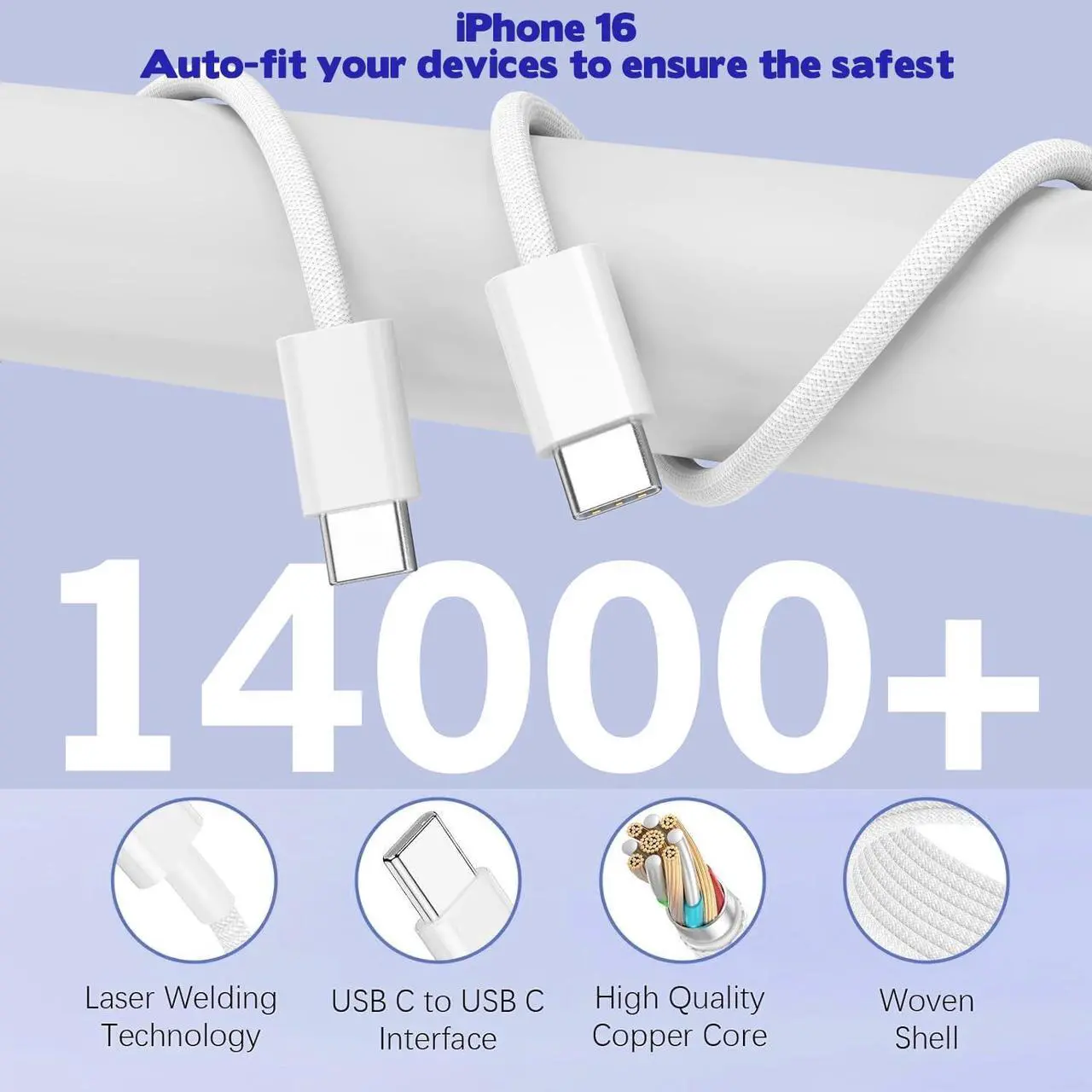 Alt view image 6 of 7 - 10FT iPhone 16 15 Pro Charger 2Pack 10Foot USB C to C Woven Cable Cord 40W USB C  Charger 4 Port PD&AC Charger Block Fast Charging for iPhone 16/16 Pro/16 Pro Max/16 Plus/15/15 Pro/15Pro Max/iPad