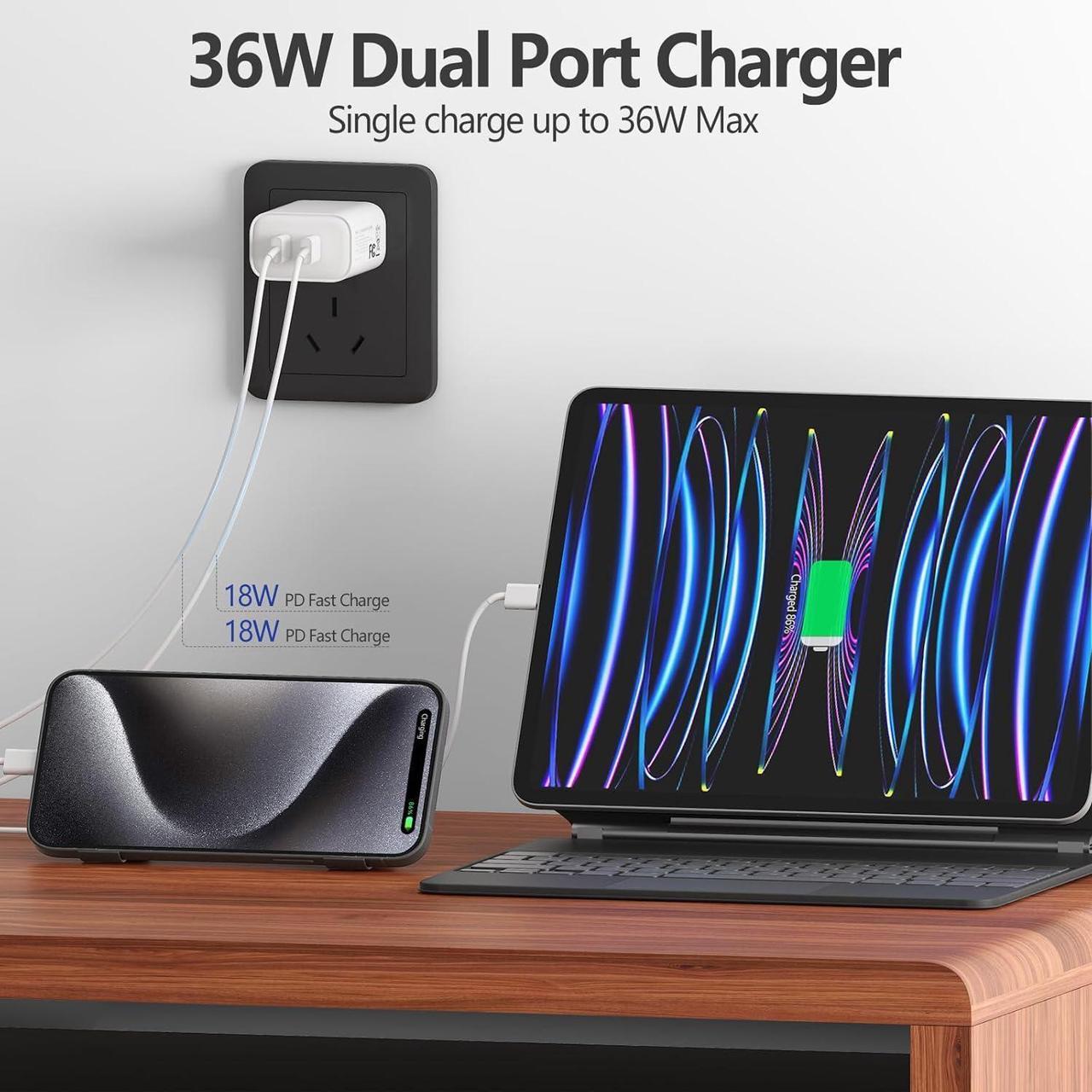 Alt view image 4 of 6 - Charger for iPhone 15 & iPad Pro 13 36W GaN Dual Port USB C Fast Charger Block with 2Pack 6FT USB C to C Cable for iPhone 15/15 Plus/15 Pro/15 Pro Max/iPad Pro 13(M4)12.9/11inch/10th/Mini 6th and More