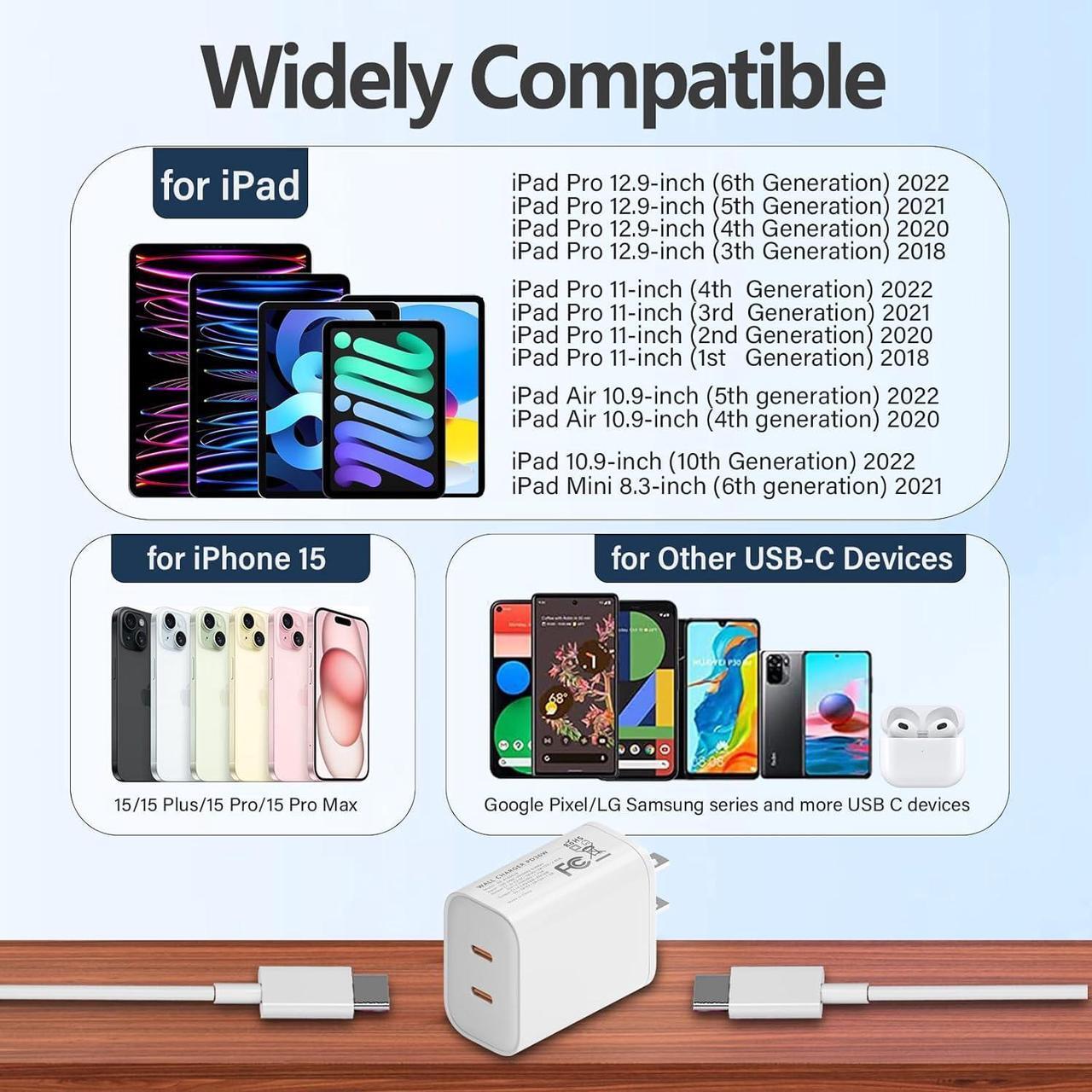 Alt view image 5 of 6 - Charger for iPhone 15 & iPad Pro 13 36W GaN Dual Port USB C Fast Charger Block with 2Pack 6FT USB C to C Cable for iPhone 15/15 Plus/15 Pro/15 Pro Max/iPad Pro 13(M4)12.9/11inch/10th/Mini 6th and More