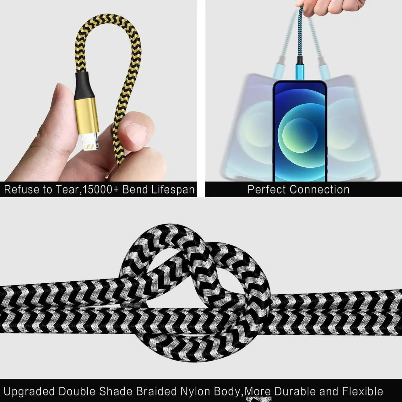 Alt view image 3 of 6 - for iPhone Charger 3 Pack 10FT USB Lightning Cable MFi Certified Fast Charging Nylon Braided for iPhone Charger Cord Compatible with iPhone 14 Plus 14 pro max 13 12 11 XS X XR 8 Plus 7 6 SE 5s