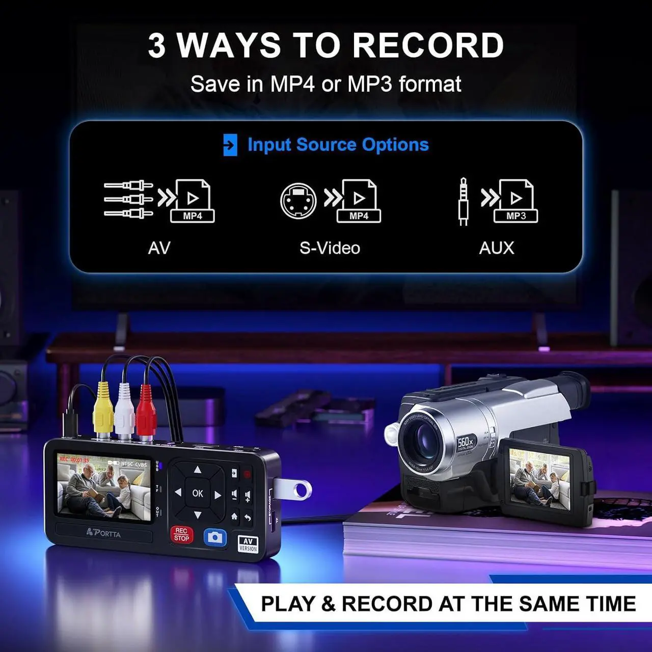 Alt view image 2 of 7 - Portta VHS to Digital Converter, Video to Digital Recorder with Remote, RCA to HDMI Converter Compatible with VHS, VCR, DVR, DVD, Cassette, Hi8, Mini DV Players, Camcorder, Gaming Consoles