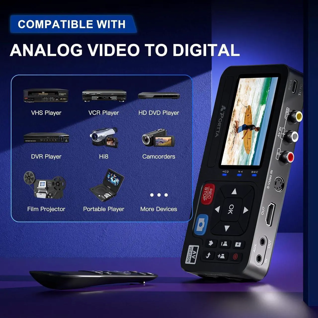 Alt view image 5 of 7 - Portta VHS to Digital Converter, Video to Digital Recorder with Remote, RCA to HDMI Converter Compatible with VHS, VCR, DVR, DVD, Cassette, Hi8, Mini DV Players, Camcorder, Gaming Consoles