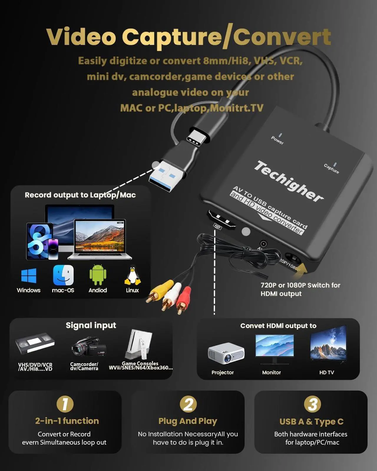 Alt view image 3 of 7 - VHS to Digital Converter & RCA to HDMI Adapter USB Video Capture Card for VCR/DVD/AV/PS2/Wii av to hdmi converter Analog to Digital & HD Display Output wii hdmi adapter Save/Convert OldVideo
