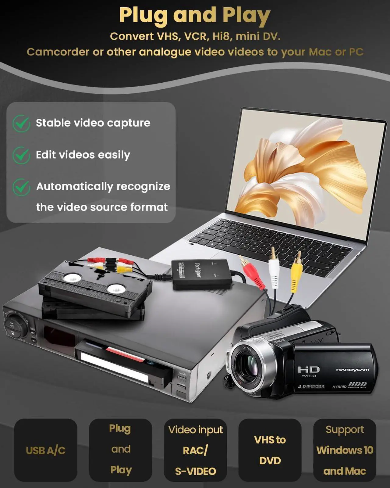 Alt view image 5 of 7 - VHS to Digital Converter & RCA to HDMI Adapter USB Video Capture Card for VCR/DVD/AV/PS2/Wii av to hdmi converter Analog to Digital & HD Display Output wii hdmi adapter Save/Convert OldVideo