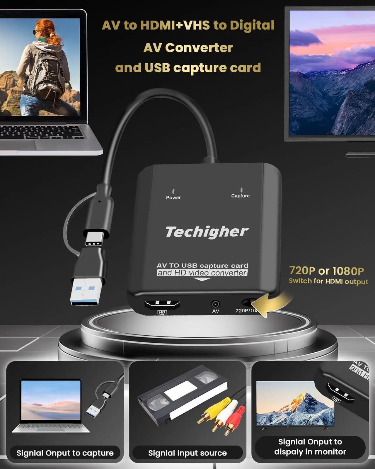 Alt view image 6 of 7 - VHS to Digital Converter & RCA to HDMI Adapter USB Video Capture Card for VCR/DVD/AV/PS2/Wii av to hdmi converter Analog to Digital & HD Display Output wii hdmi adapter Save/Convert OldVideo