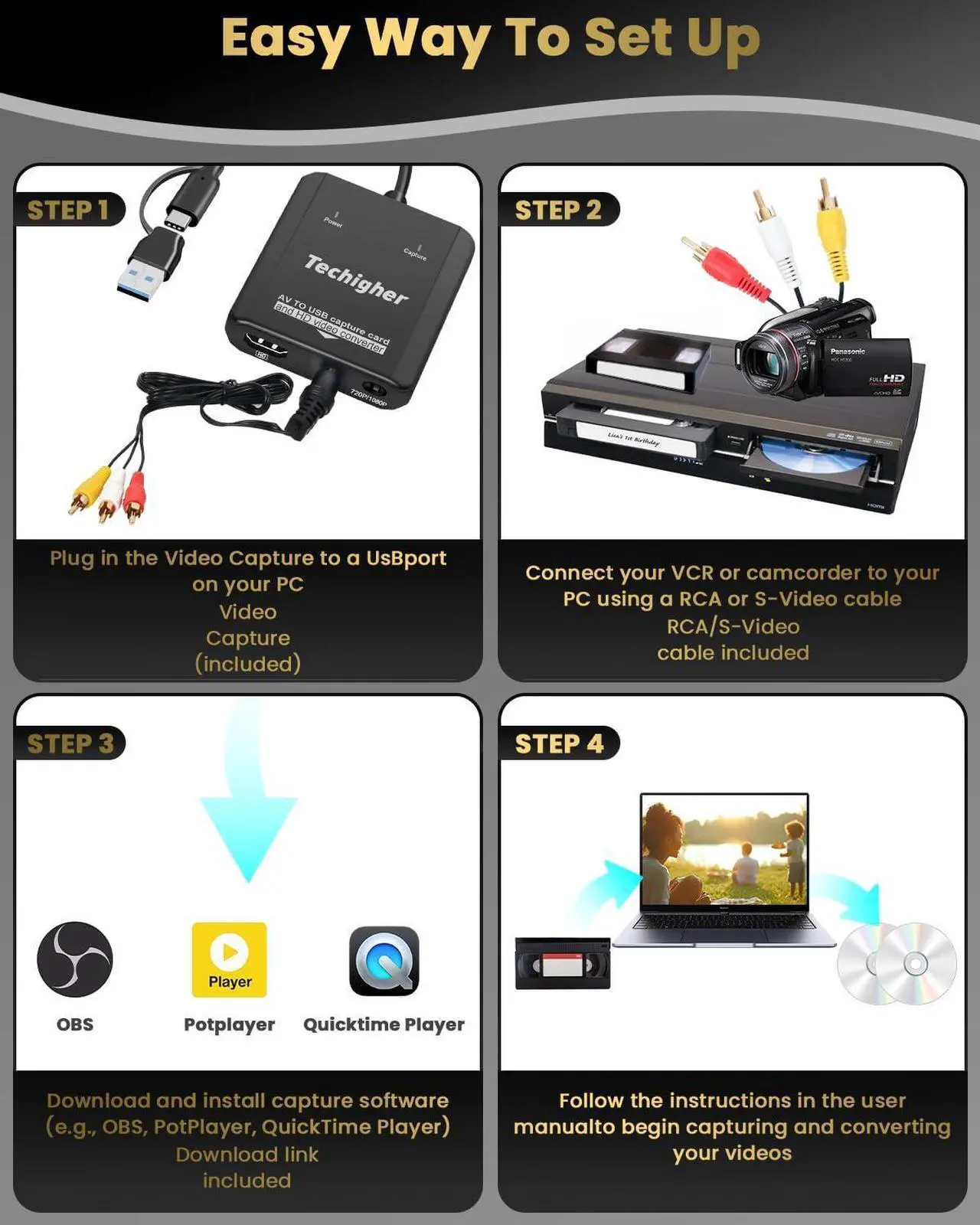 Alt view image 7 of 7 - VHS to Digital Converter & RCA to HDMI Adapter USB Video Capture Card for VCR/DVD/AV/PS2/Wii av to hdmi converter Analog to Digital & HD Display Output wii hdmi adapter Save/Convert OldVideo
