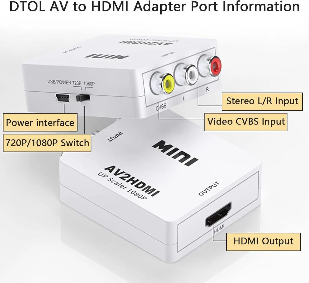 Alt view image 2 of 7 - RCA to HDMI AV to HDMI Converter 1080P Mini RCA Composite CVBS Video Audio Adapter for PAL/NTSC TV/PC/ PS3/ STB/Xbox VHS/VCR/Blue-Ray DVD Player