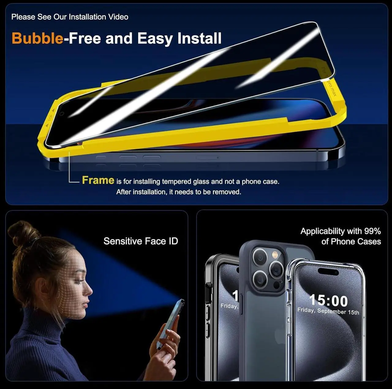 Alt view image 6 of 7 - 3 Pack Privacy Screen Protector for iPhone 15 Pro Max [6.7 Inch] with 3 Pack Camera Lens Protector Anti Spy Tempered Glass Film 9H Hardness HD Bubble Free Case Friendly - Black