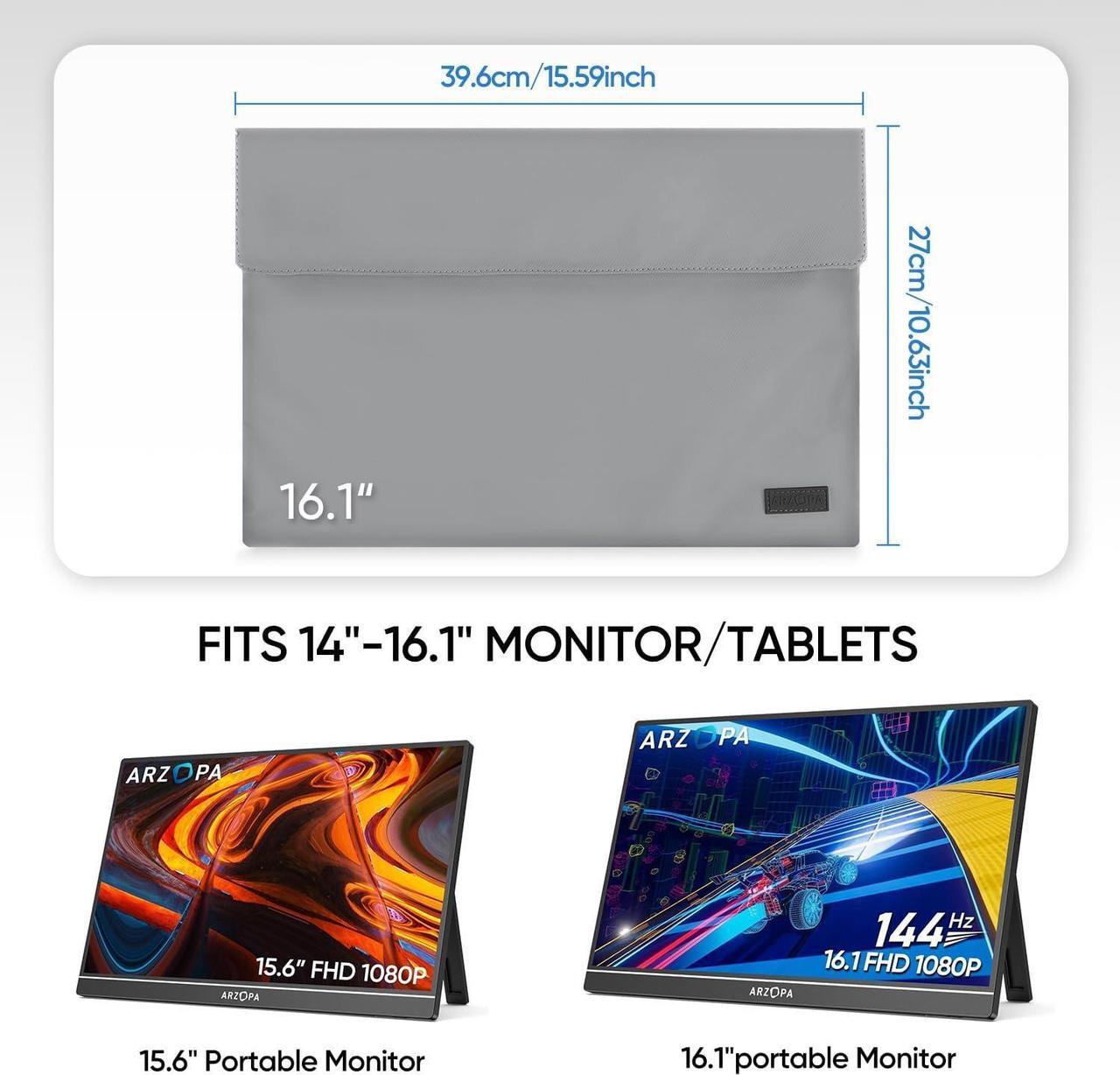 Alt view image 3 of 7 - 16.1 Portable Monitor Sleeve Bag PU Leather Case for Travel Monitor Laptop Grey