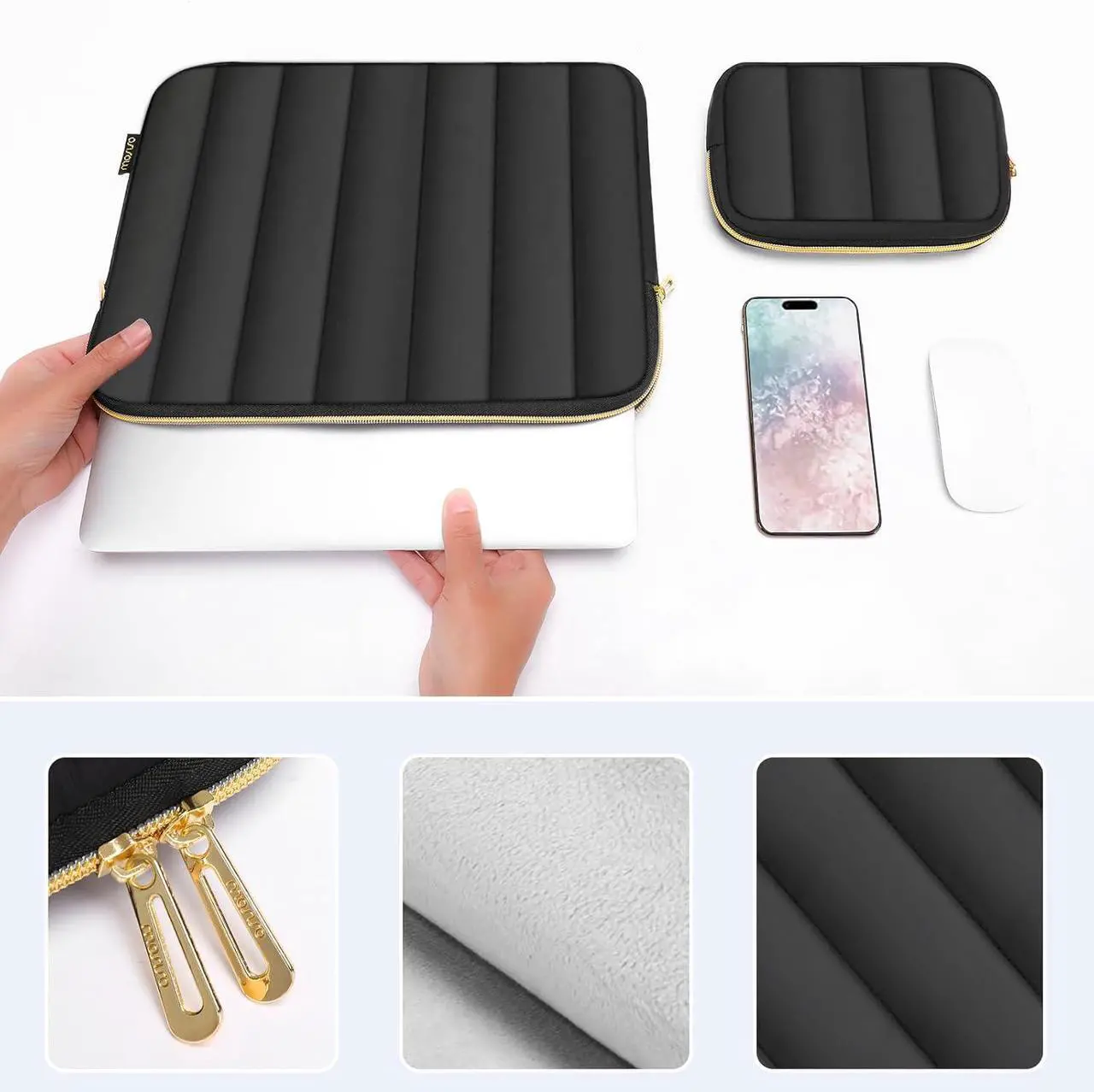Alt view image 4 of 6 - 13-14 inch Laptop Case 13.3 inch Puffy Laptop Sleeve Compatible with MacBook Air 13 13.6 M3 M2 M1/Pro 13/Pro 14 HP    Vertical Rectangle Carrying Bag with Small Case Black