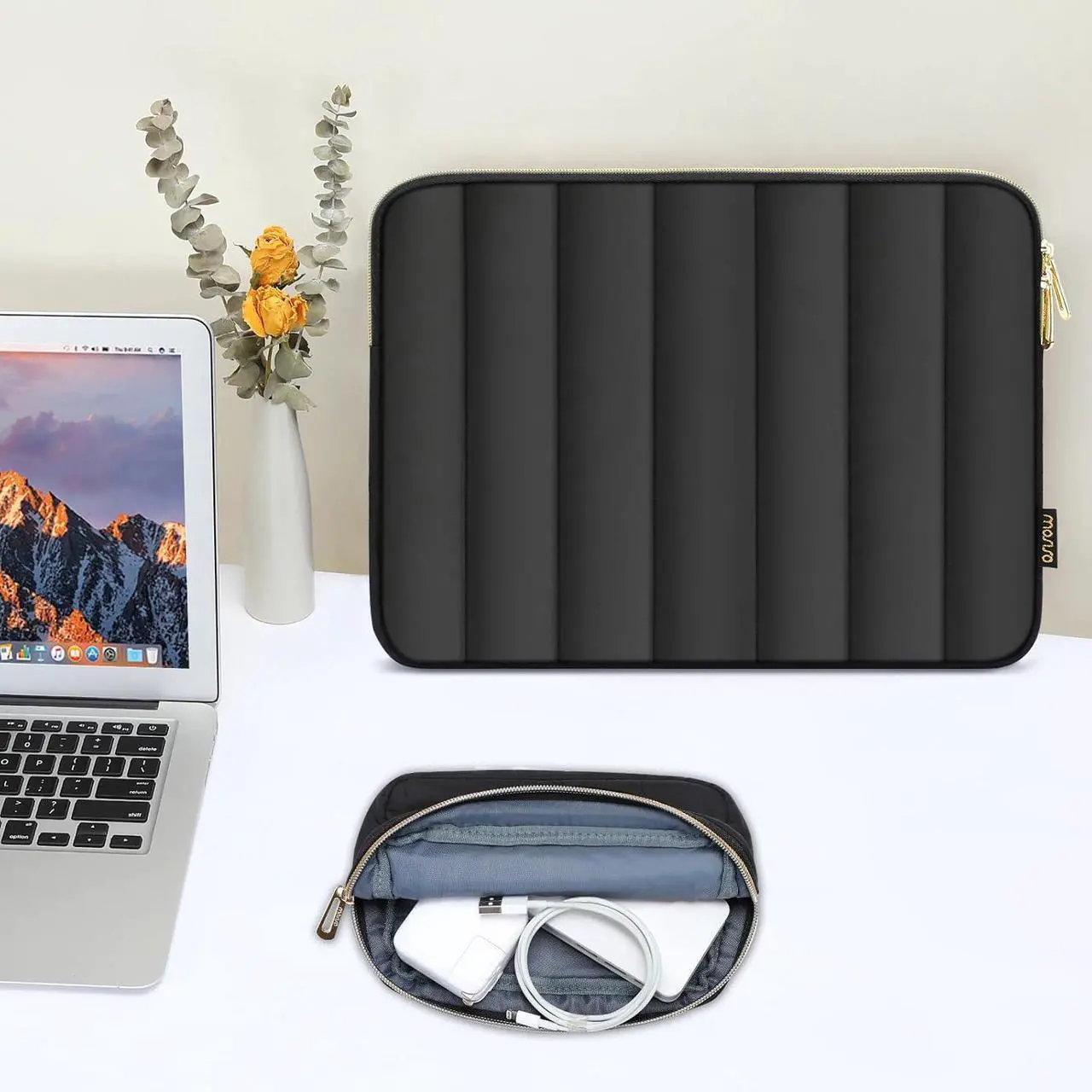 Alt view image 5 of 6 - 13-14 inch Laptop Case 13.3 inch Puffy Laptop Sleeve Compatible with MacBook Air 13 13.6 M3 M2 M1/Pro 13/Pro 14 HP    Vertical Rectangle Carrying Bag with Small Case Black