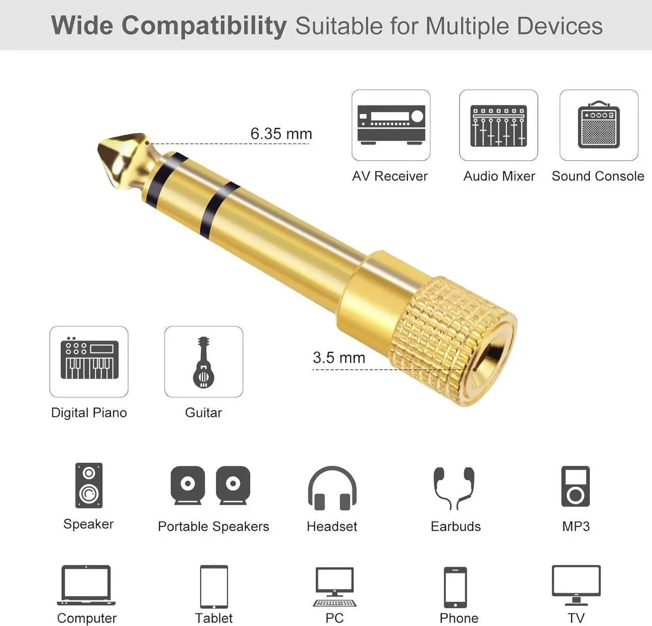 Alt view image 4 of 7 - 5-Pack 3.5mm to 1/4 Adapter Gold Plated Headphone Jack Adapter 1/4 to 3.5mm Adapter Stereo Audio Headphone Adapter for Aux Cable Headphones Piano Drums Guitar Amplifier