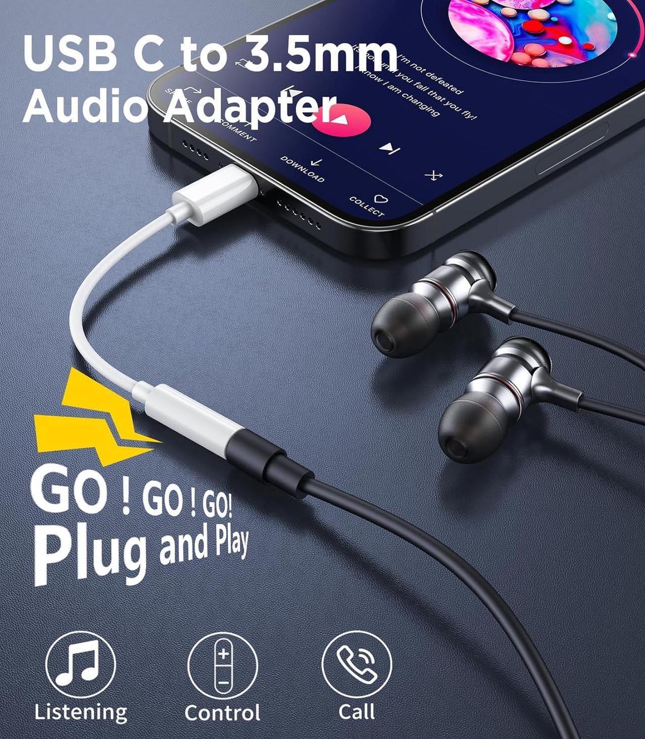 Alt view image 2 of 7 - USB C to 3.5mm Audio Headphone Adapter Type C to Headphone Jack Adapter Aux Audio Dongle Cable Cord Compatible with iPhone 16 Pro Max/16E/15  Galaxy S25 Ultra/S24/S23 Pixel iPad Pro 2 Pack