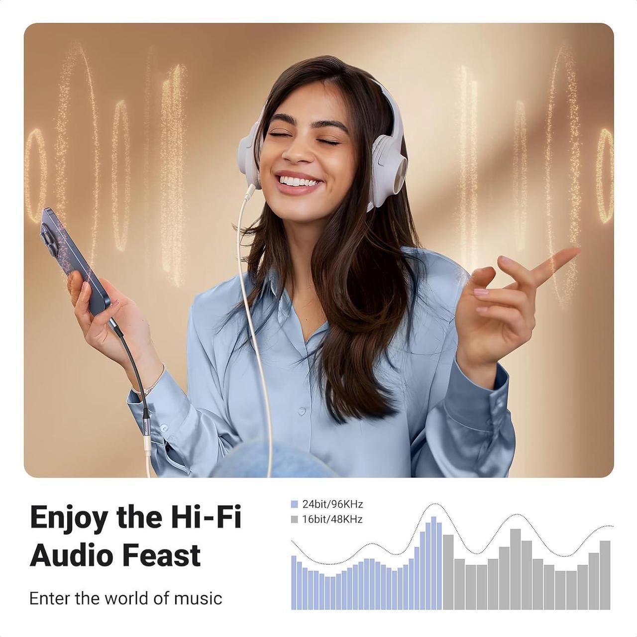 Alt view image 3 of 7 - USB C to 3.5mm Audio Adapter Type C to Headphone Aux Jack Dongle 24bit/96kHz HiFi DAC Cable Cord Compatible with iPhone 16 15 Pro Max/16 Plus iPad Galaxy S25 S24 Ultra Pixel 9 Grey