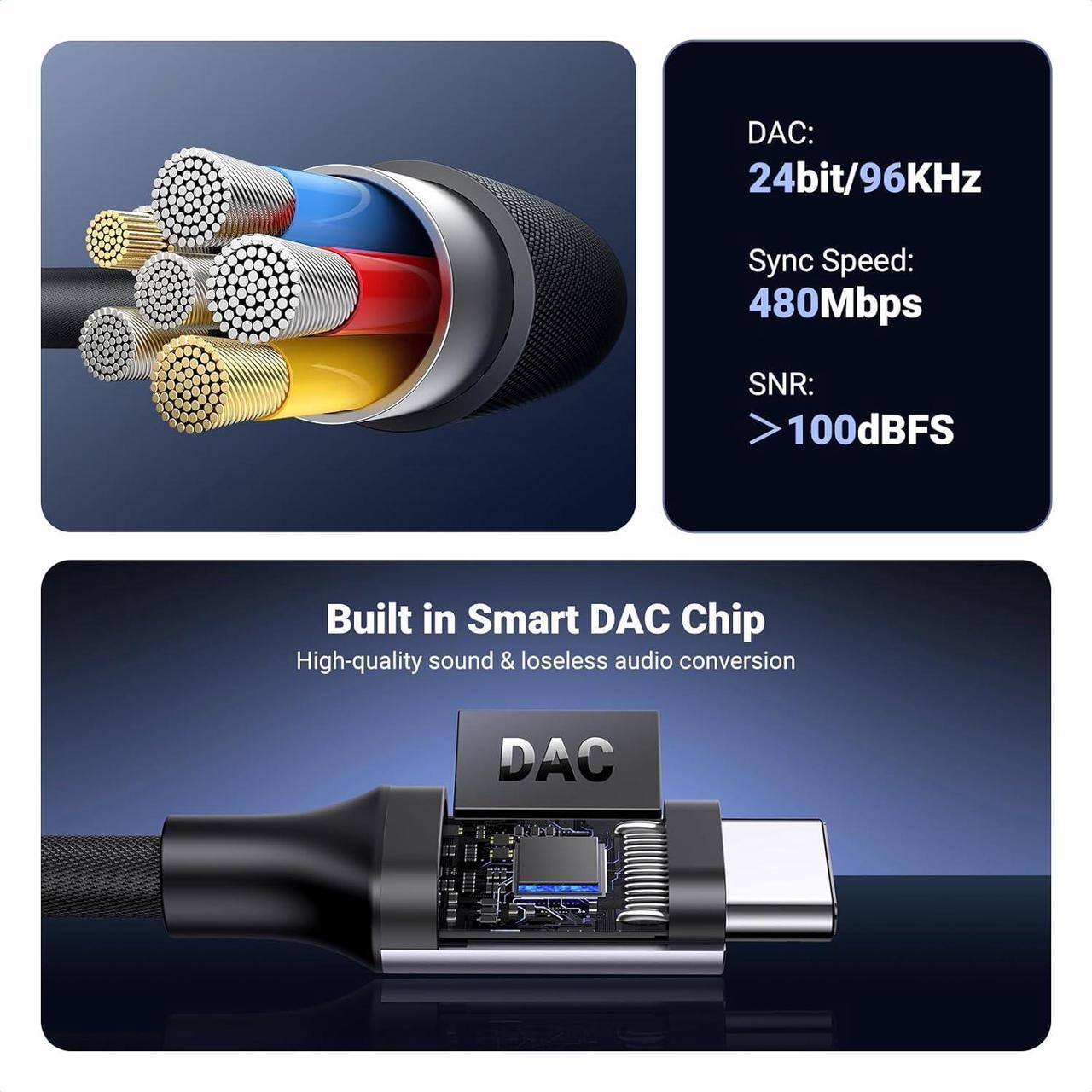 Alt view image 5 of 7 - USB C to 3.5mm Audio Adapter Type C to Headphone Aux Jack Dongle 24bit/96kHz HiFi DAC Cable Cord Compatible with iPhone 16 15 Pro Max/16 Plus iPad Galaxy S25 S24 Ultra Pixel 9 Grey