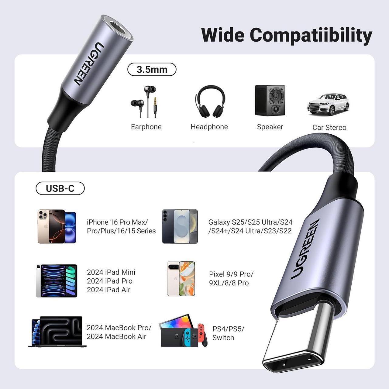 Alt view image 7 of 7 - USB C to 3.5mm Audio Adapter Type C to Headphone Aux Jack Dongle 24bit/96kHz HiFi DAC Cable Cord Compatible with iPhone 16 15 Pro Max/16 Plus iPad Galaxy S25 S24 Ultra Pixel 9 Grey