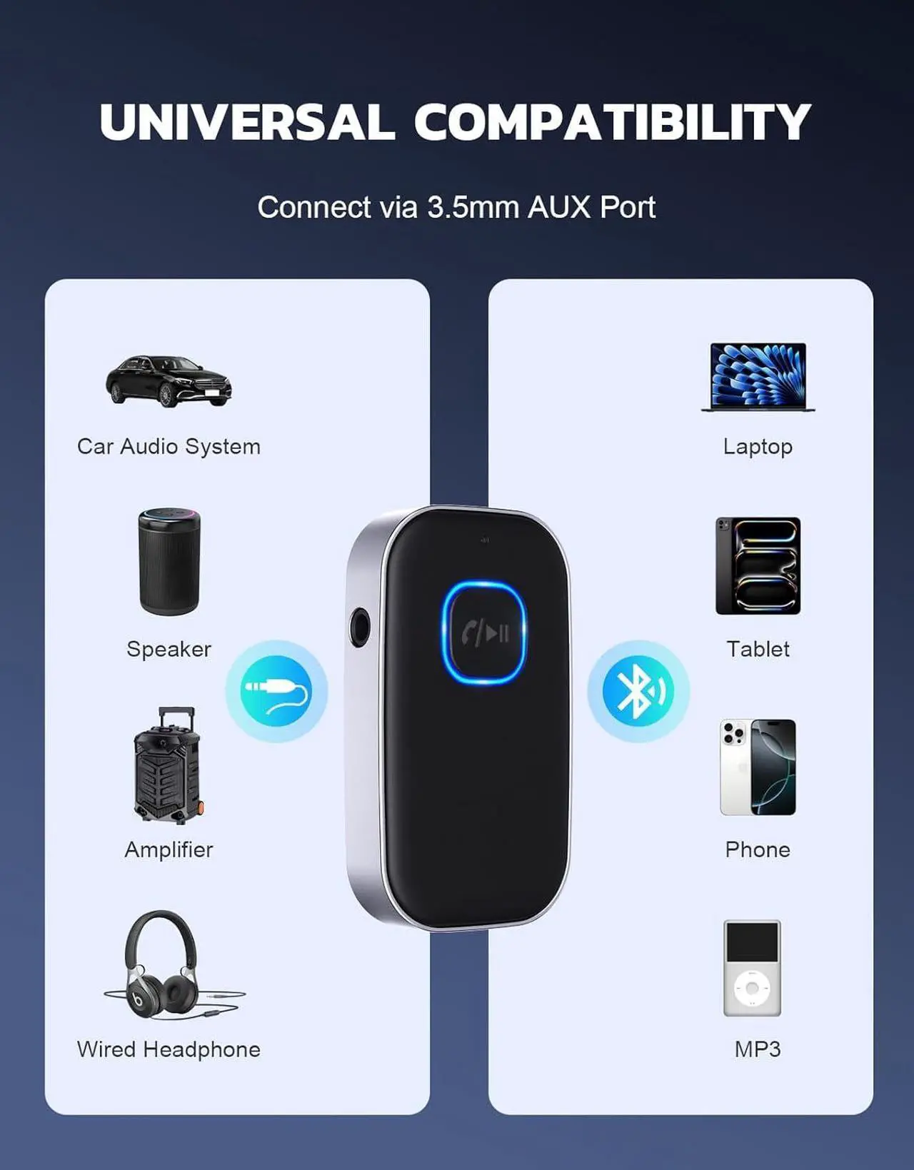 Alt view image 2 of 7 - Bluetooth Receiver for Car Noise Cancelling 3.5mm AUX Bluetooth Car Adapter Wireless Audio Receiver for Home Stereo/Wired Headphones Hands-Free Call 16H Battery Life - Black+Silver