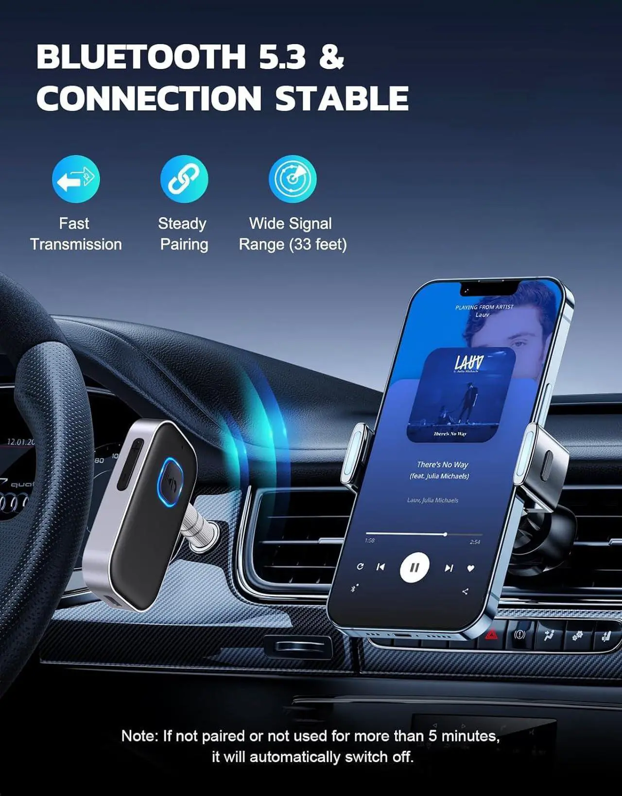 Alt view image 3 of 7 - Bluetooth Receiver for Car Noise Cancelling 3.5mm AUX Bluetooth Car Adapter Wireless Audio Receiver for Home Stereo/Wired Headphones Hands-Free Call 16H Battery Life - Black+Silver