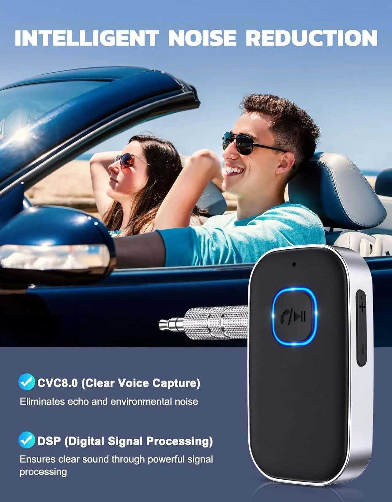 Alt view image 4 of 7 - Bluetooth Receiver for Car Noise Cancelling 3.5mm AUX Bluetooth Car Adapter Wireless Audio Receiver for Home Stereo/Wired Headphones Hands-Free Call 16H Battery Life - Black+Silver