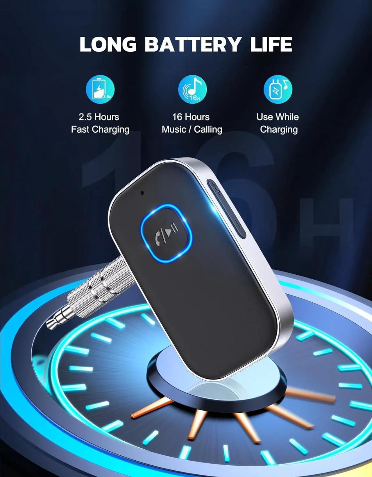 Alt view image 6 of 7 - Bluetooth Receiver for Car Noise Cancelling 3.5mm AUX Bluetooth Car Adapter Wireless Audio Receiver for Home Stereo/Wired Headphones Hands-Free Call 16H Battery Life - Black+Silver