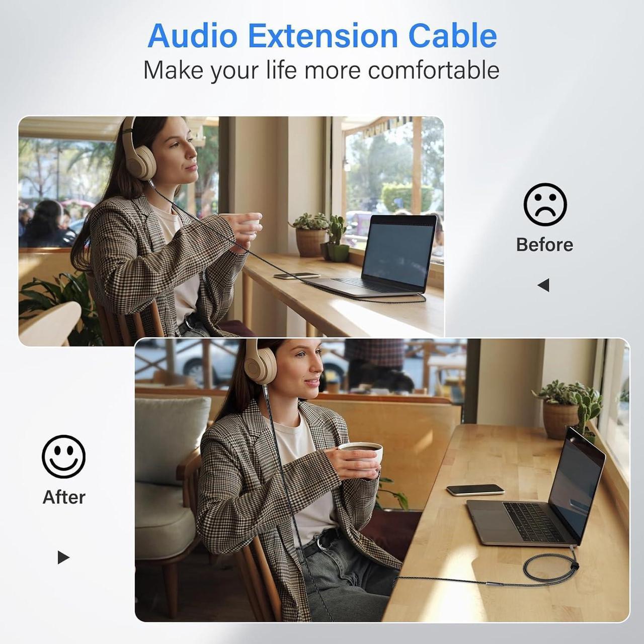 Alt view image 4 of 5 - Headphone Extension Cable 5 Ft/2 Pack 3.5mm AUX Extension Cable (Hi-Fi Sound-Slim&Thin) Male to Female 1/8 Inch TRS Stereo Audio Cord Extender for Headset Media Players Tablets iPhone iPad