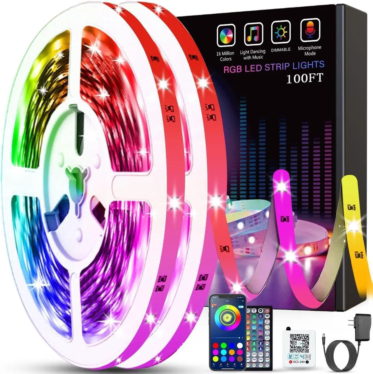 Main image of Led Lights for Bedroom 100ft (2 Rolls of 50ft) Music Sync Color Changing Strip Lights with Remote and App Control RGB Strip for Room Home Party Decoration