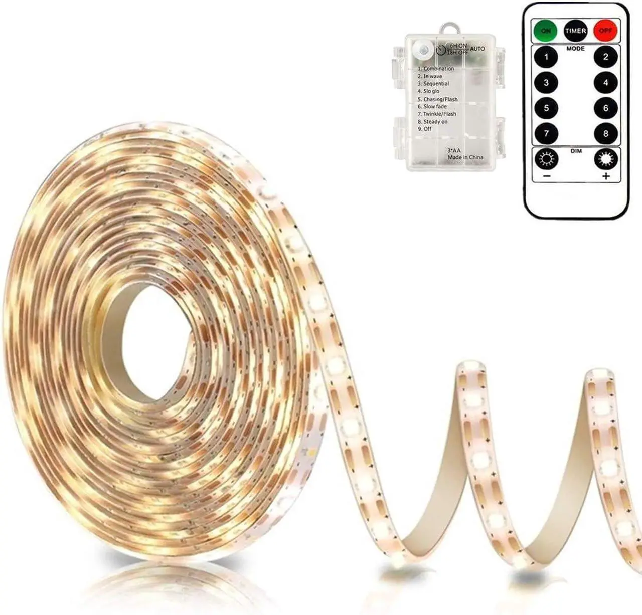 Main image of Battery Powered Led Strip Lights with Remote Warm White 8 Modes Dimmable Timer Self-Adhesive Cuttable Waterproof 9.8FT 90Led Strip Lights for TV Kitchen Cupboard Bedroom Decor