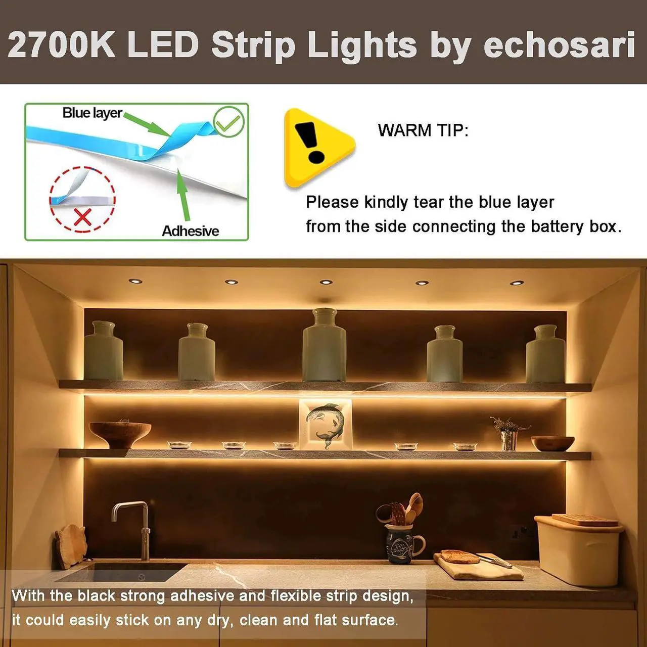 Alt view image 5 of 7 - Battery Powered Led Strip Lights with Remote Warm White 8 Modes Dimmable Timer Self-Adhesive Cuttable Waterproof 9.8FT 90Led Strip Lights for TV Kitchen Cupboard Bedroom Decor