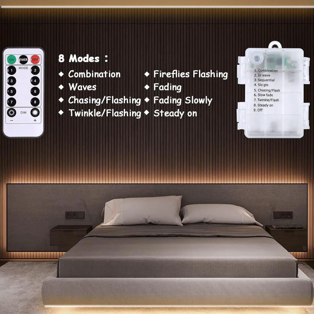 Alt view image 6 of 7 - Battery Powered Led Strip Lights with Remote Warm White 8 Modes Dimmable Timer Self-Adhesive Cuttable Waterproof 9.8FT 90Led Strip Lights for TV Kitchen Cupboard Bedroom Decor
