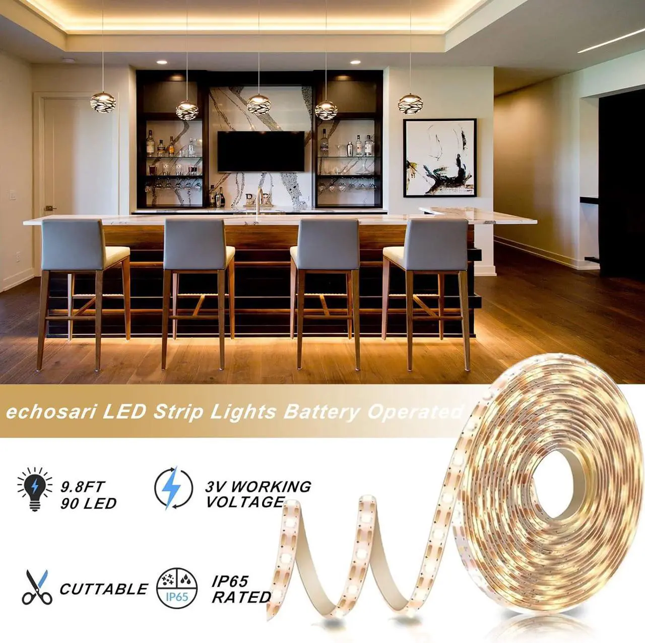 Alt view image 7 of 7 - Battery Powered Led Strip Lights with Remote Warm White 8 Modes Dimmable Timer Self-Adhesive Cuttable Waterproof 9.8FT 90Led Strip Lights for TV Kitchen Cupboard Bedroom Decor