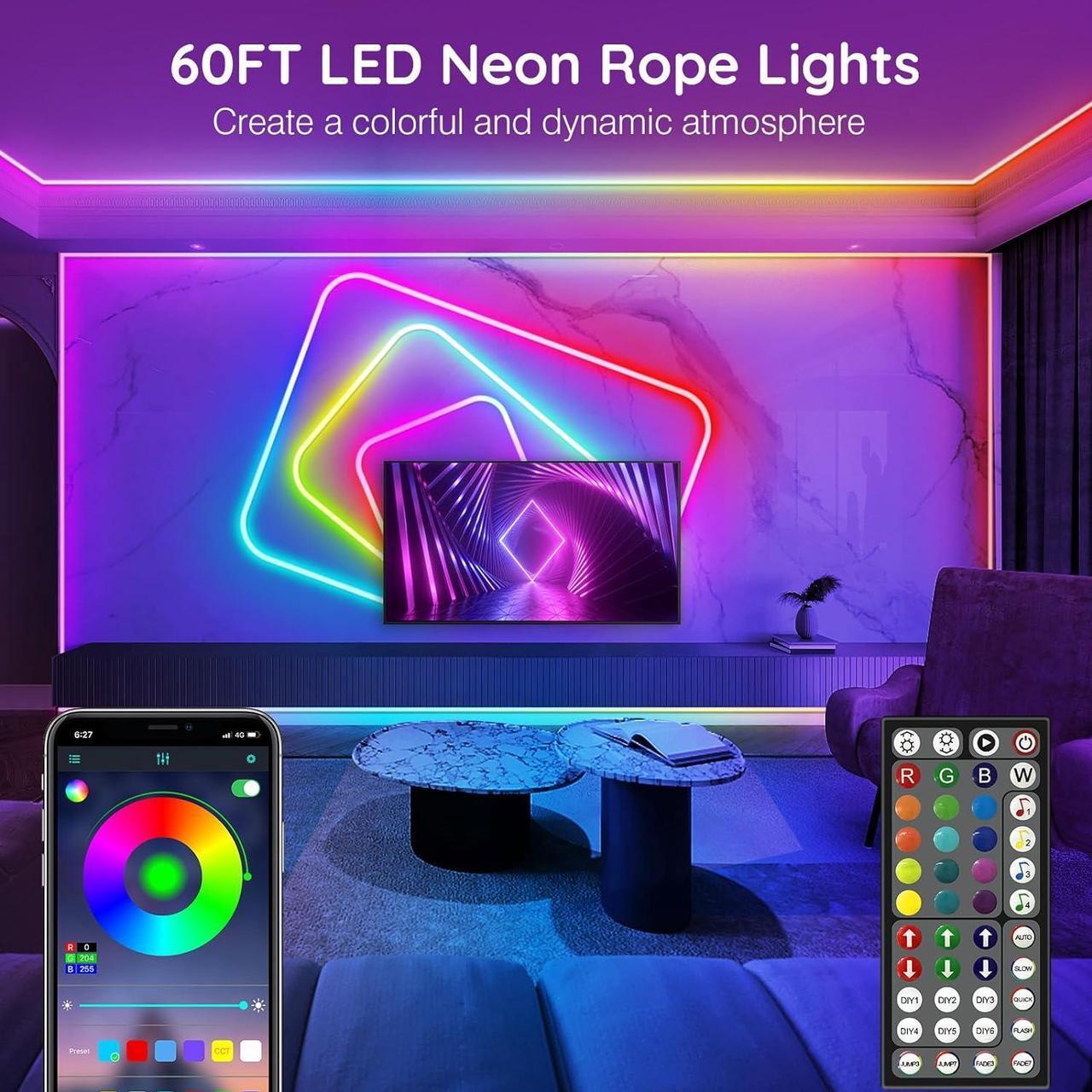 Alt view image 2 of 7 - Led Neon Rope Lights 60FT Control with App/Remote Flexible Led Rope Lights Multiple Modes IP68 Outdoor RGB Neon Lights Waterproof Music Sync Gaming Led Strip Lights for Bedroom Indoor