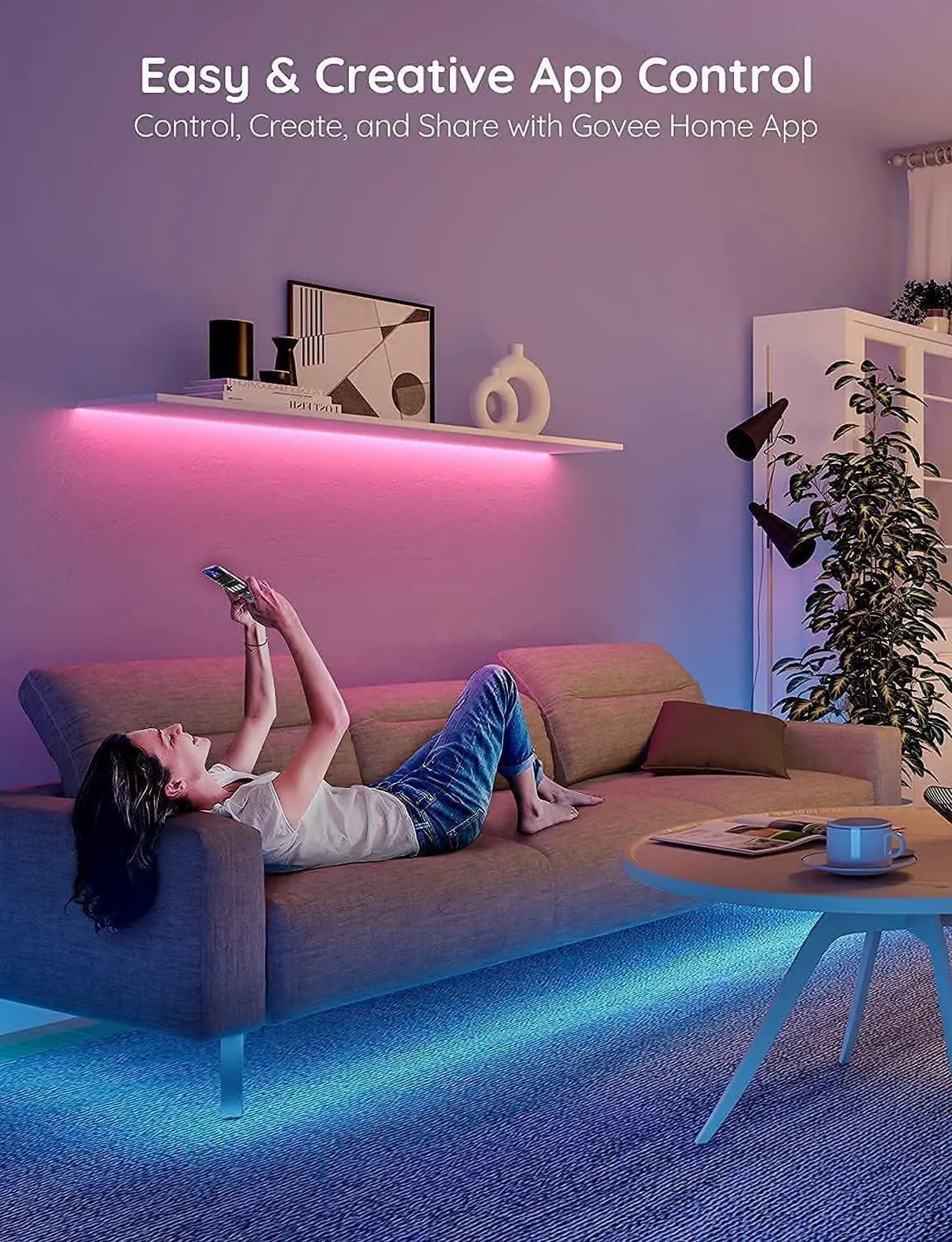 Alt view image 5 of 7 - 100ft LED Strip Lights Bluetooth RGB LED Lights with App Control 64 Scenes and Music Sync LED Strip Lighting for Bedroom Living Room Kitchen Party ETL Listed Adapter