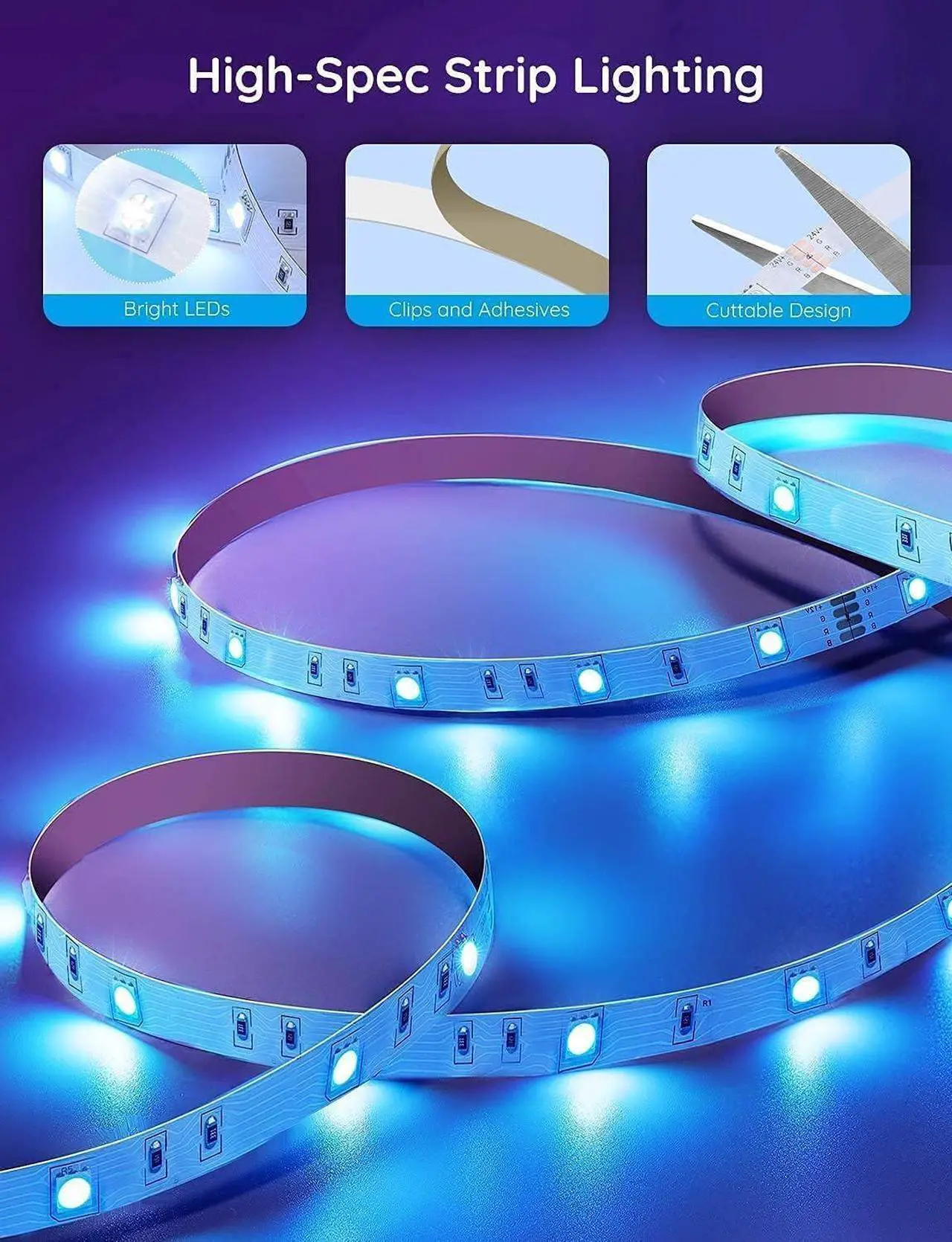 Alt view image 7 of 7 - 100ft LED Strip Lights Bluetooth RGB LED Lights with App Control 64 Scenes and Music Sync LED Strip Lighting for Bedroom Living Room Kitchen Party ETL Listed Adapter