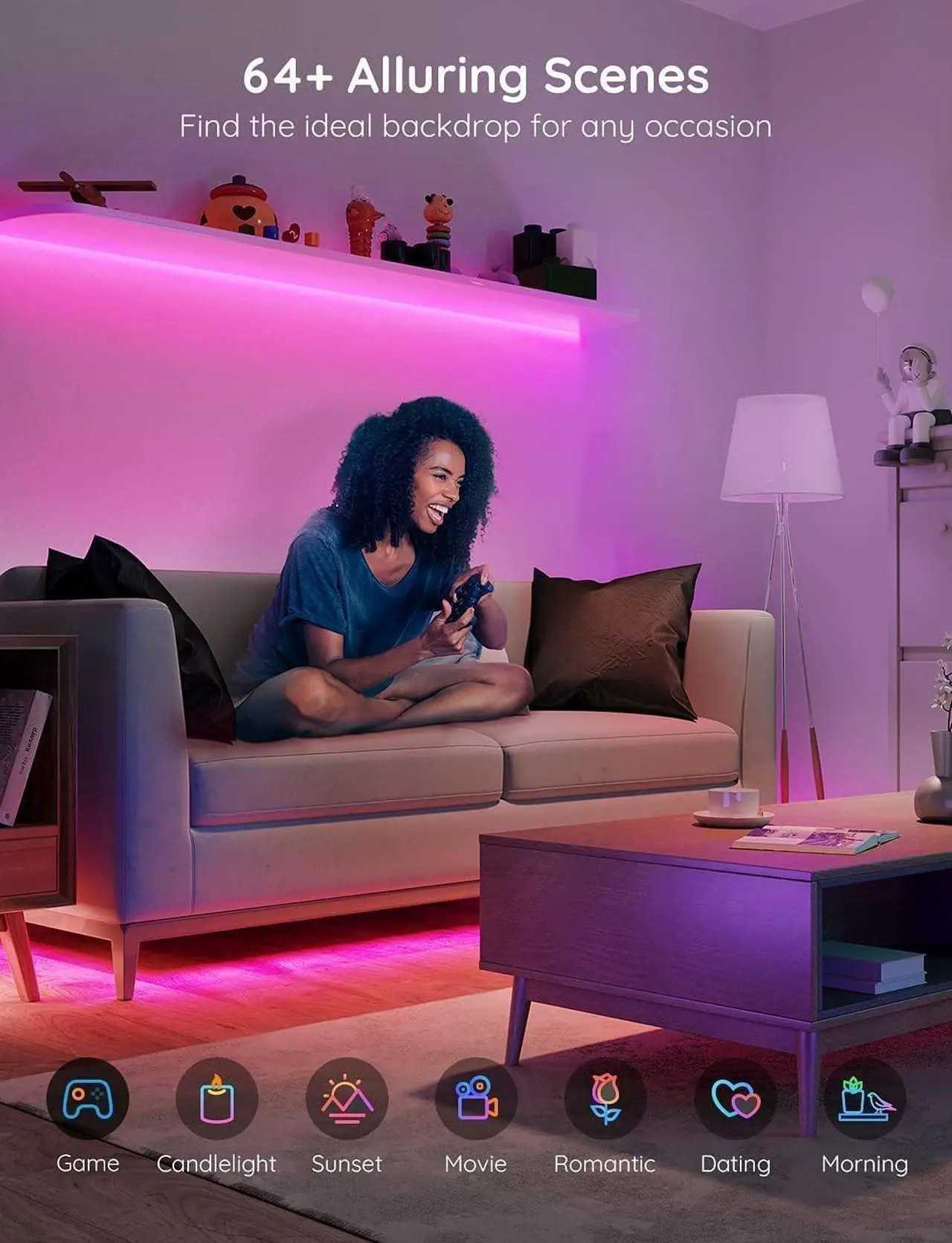 Alt view image 3 of 7 - 100ft LED Strip Lights Bluetooth RGB LED Lights with App Control 64 Scenes and Music Sync LED Strip Lighting for Bedroom Living Room Kitchen Party ETL Listed Adapter
