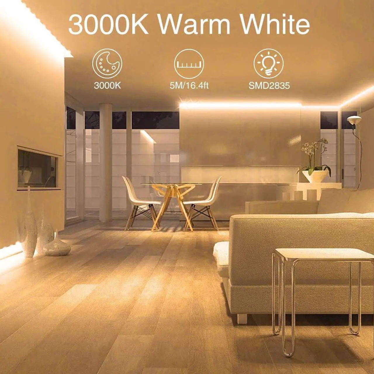 Alt view image 3 of 7 - Warm LED Strip Lights 16.4ft Dimmable Strip Lighting 3000K 5m 12v Tape Light 2835 LEDs Flexible Warm White Rope Light for Home Kitchen Under Cabinet Bedroom Christmas Decor Non-Waterproof