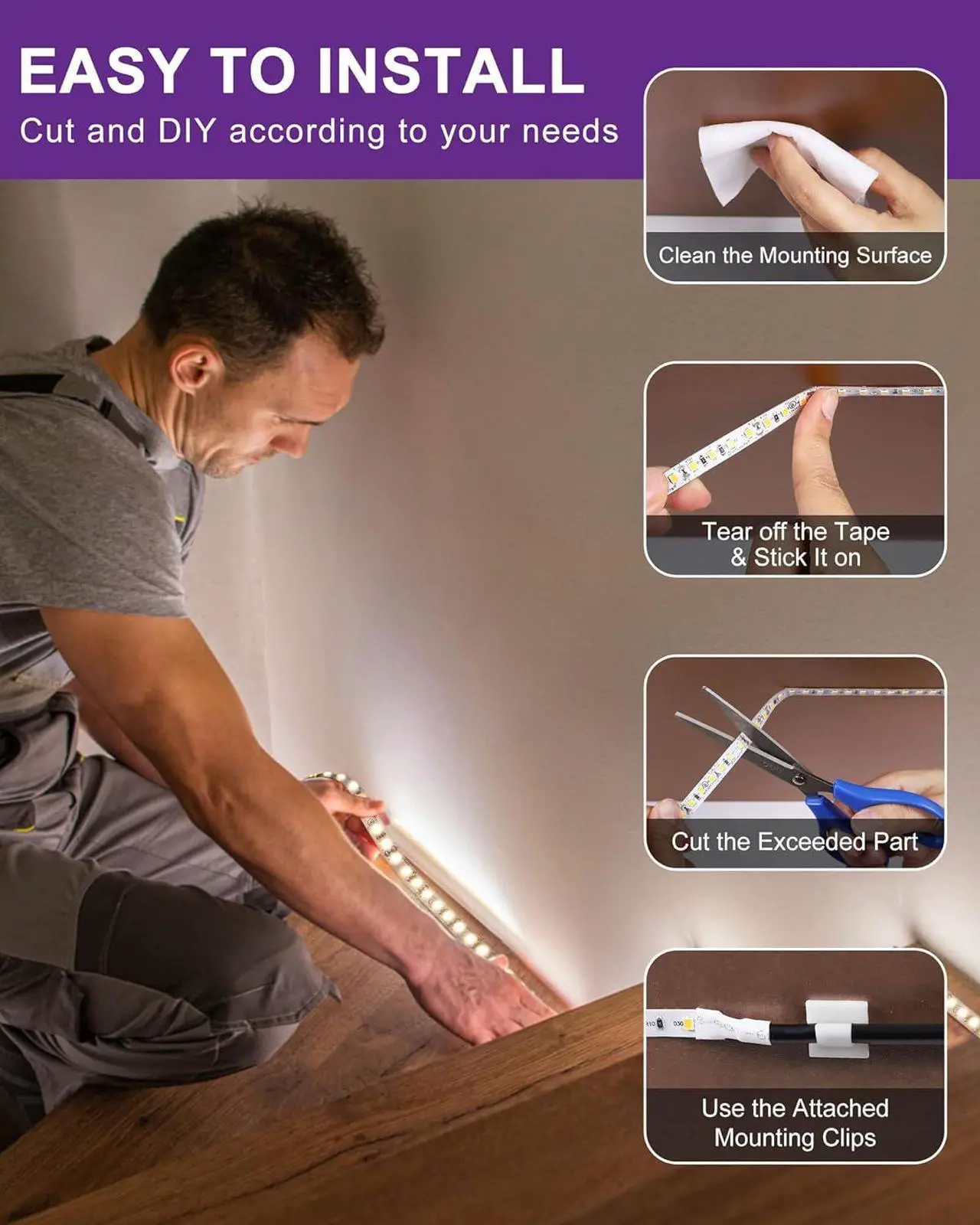 Alt view image 6 of 7 - LED Strip Lights Neutral White 4000K 24.6ft High Density 12V Tape Light Dimmable 900 LEDs CRI>90 UL Listed Flexible Rope Lights for Bedroom Kitchen Cabinet(Power Source Not Included)