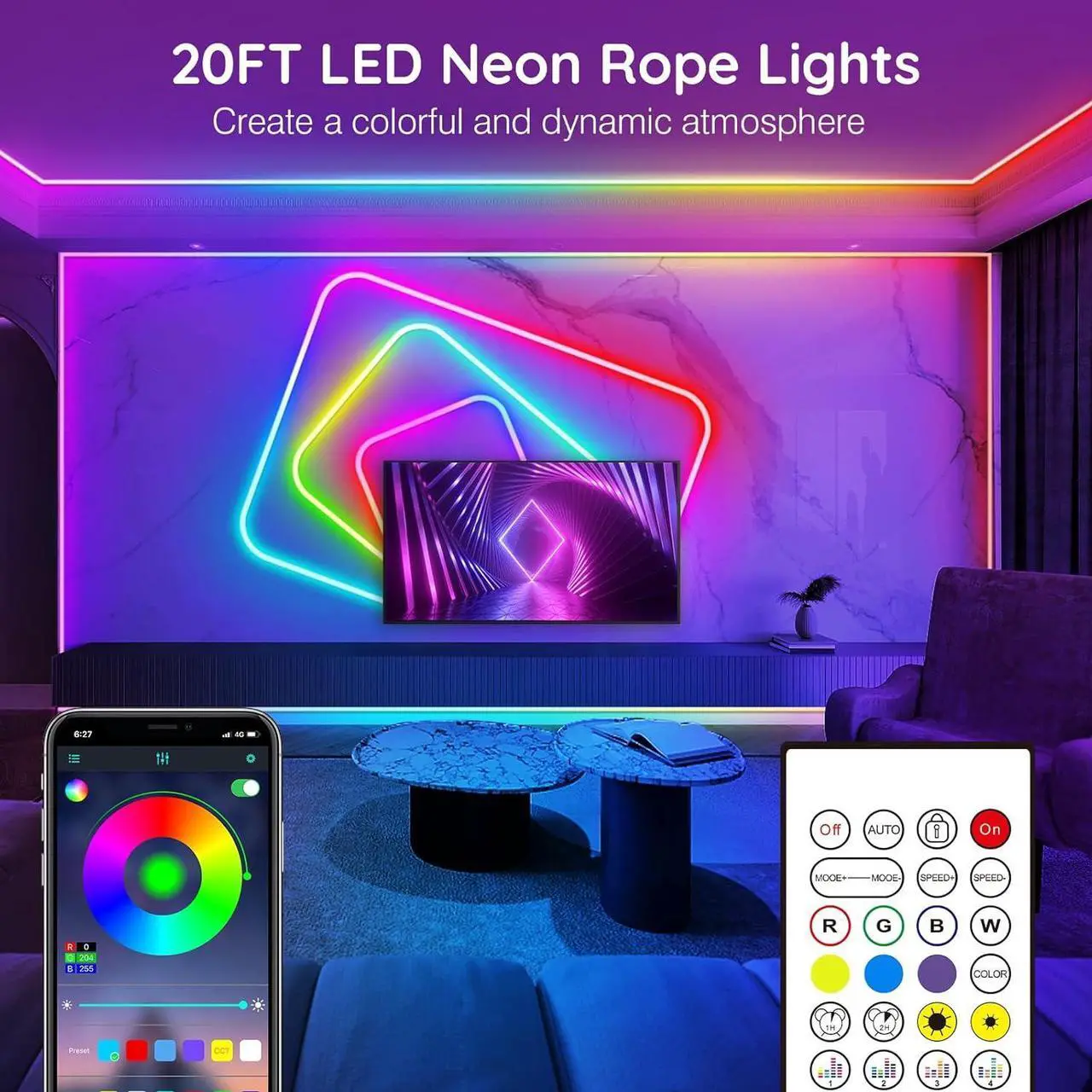 Alt view image 2 of 7 - 20Ft Neon Rope Lights Flexible Led Rope Lights Control with App/Remote Multiple Modes Rope Lights IP65 Outdoor RGB Led Neon Lights Music Sync Gaming Led Neons Light Strip for Bedroom Decor