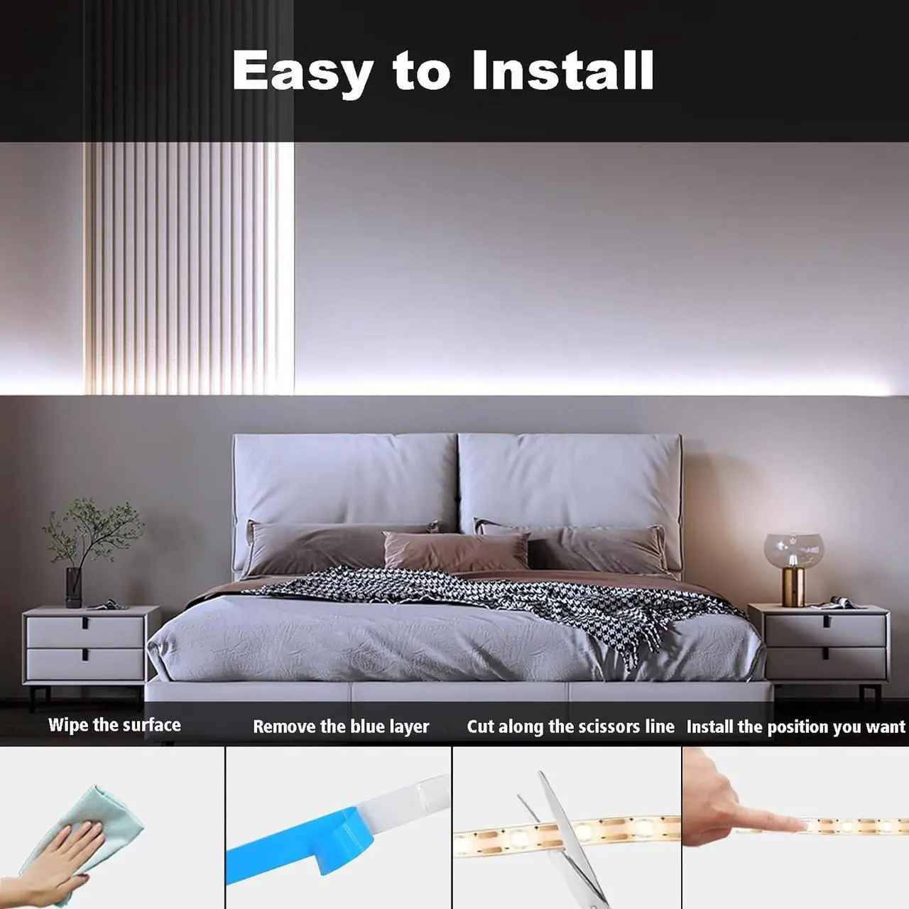 Alt view image 7 of 7 - 2 PCS Strip Lights Battery Operated 9.8Ft 90 LED Strip Lights Self-Adhesive with Remote Timer Flexible Cuttable Light Strip for Bedroom TV Boat Kitchen Cupboard Decor (Cool White)
